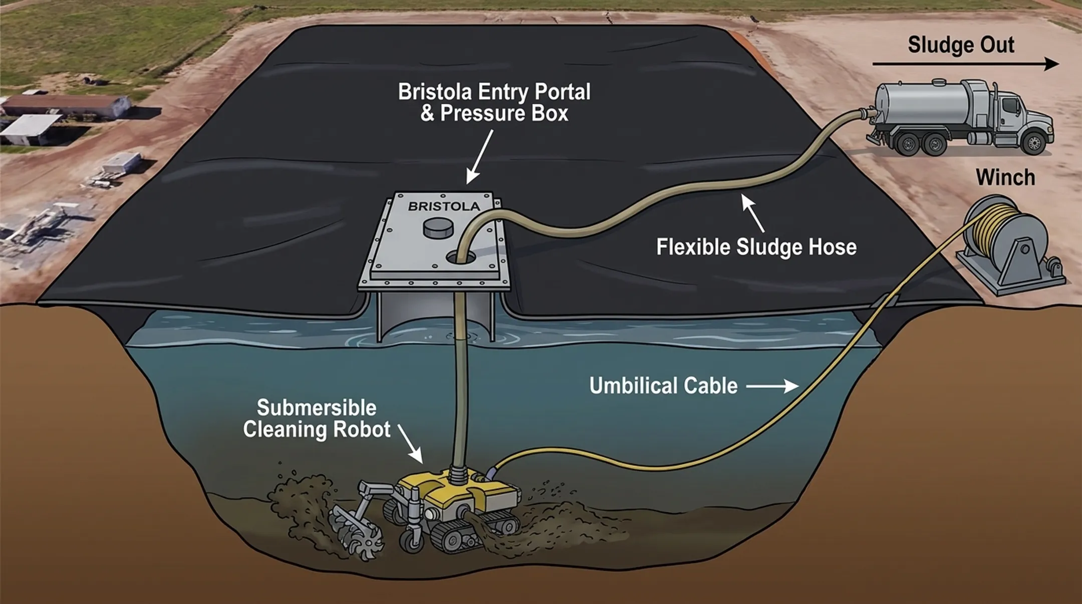 Bristola submersible robotic system cleaning covered lagoon digester without drainage