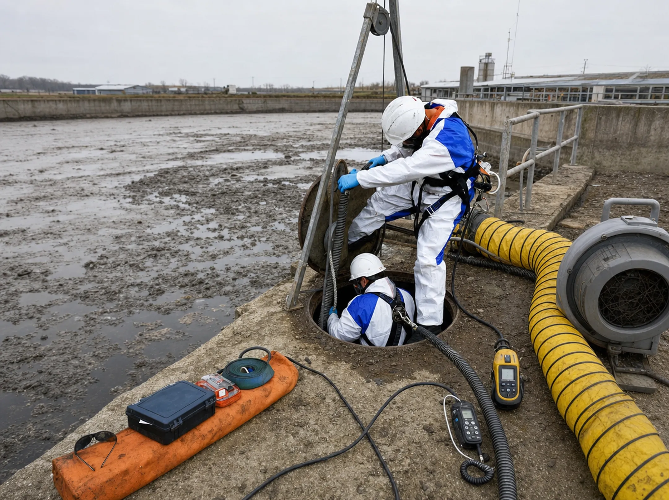 Confined space entry crew inspecting industrial lagoon with safety equipment