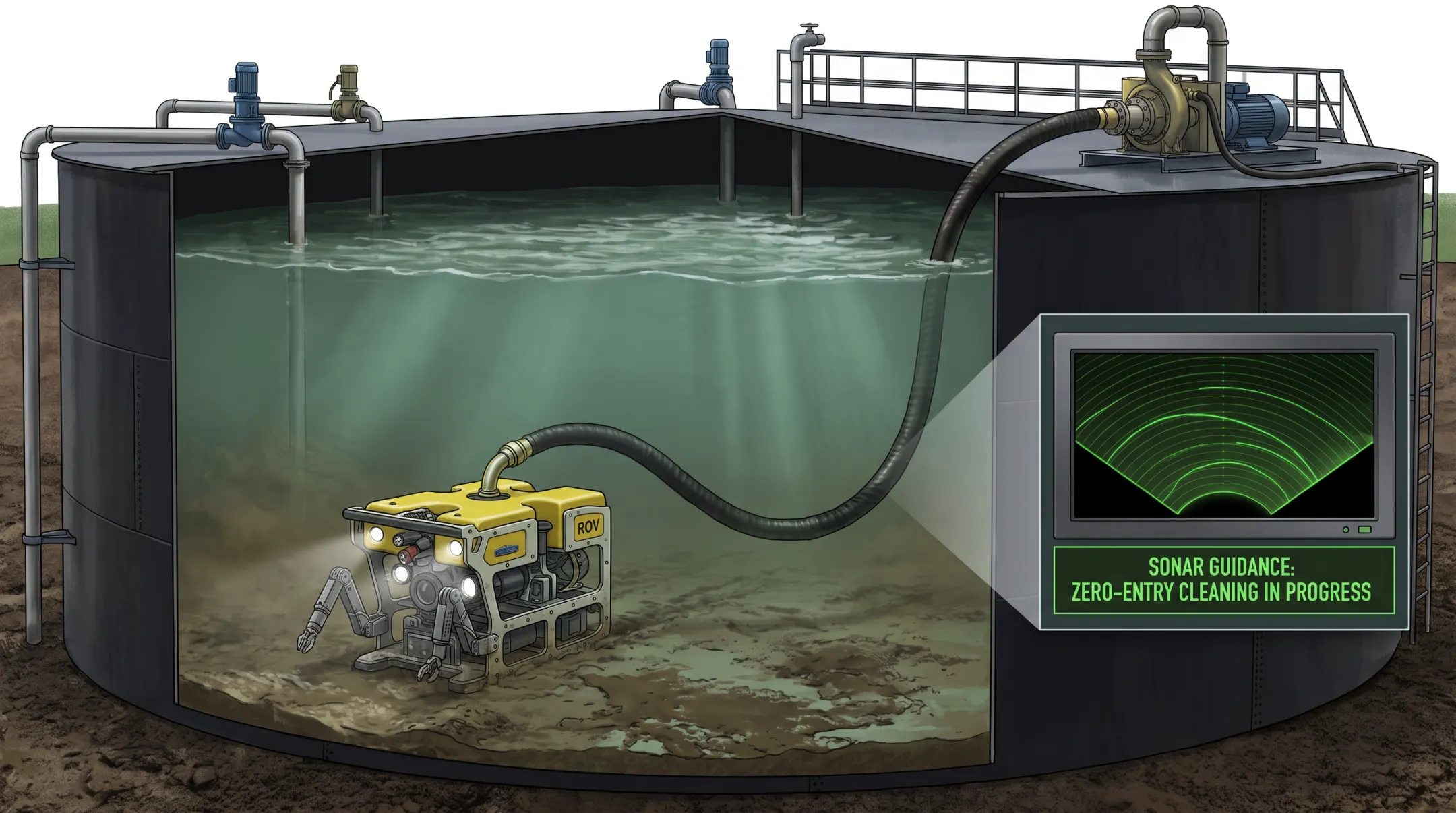 Submersible robotic tank cleaning system operating inside industrial storage tank
