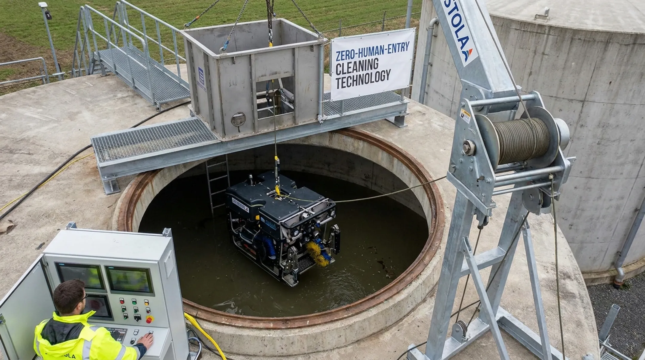 Submersible robotic system cleaning hazardous waste storage tank via manhole