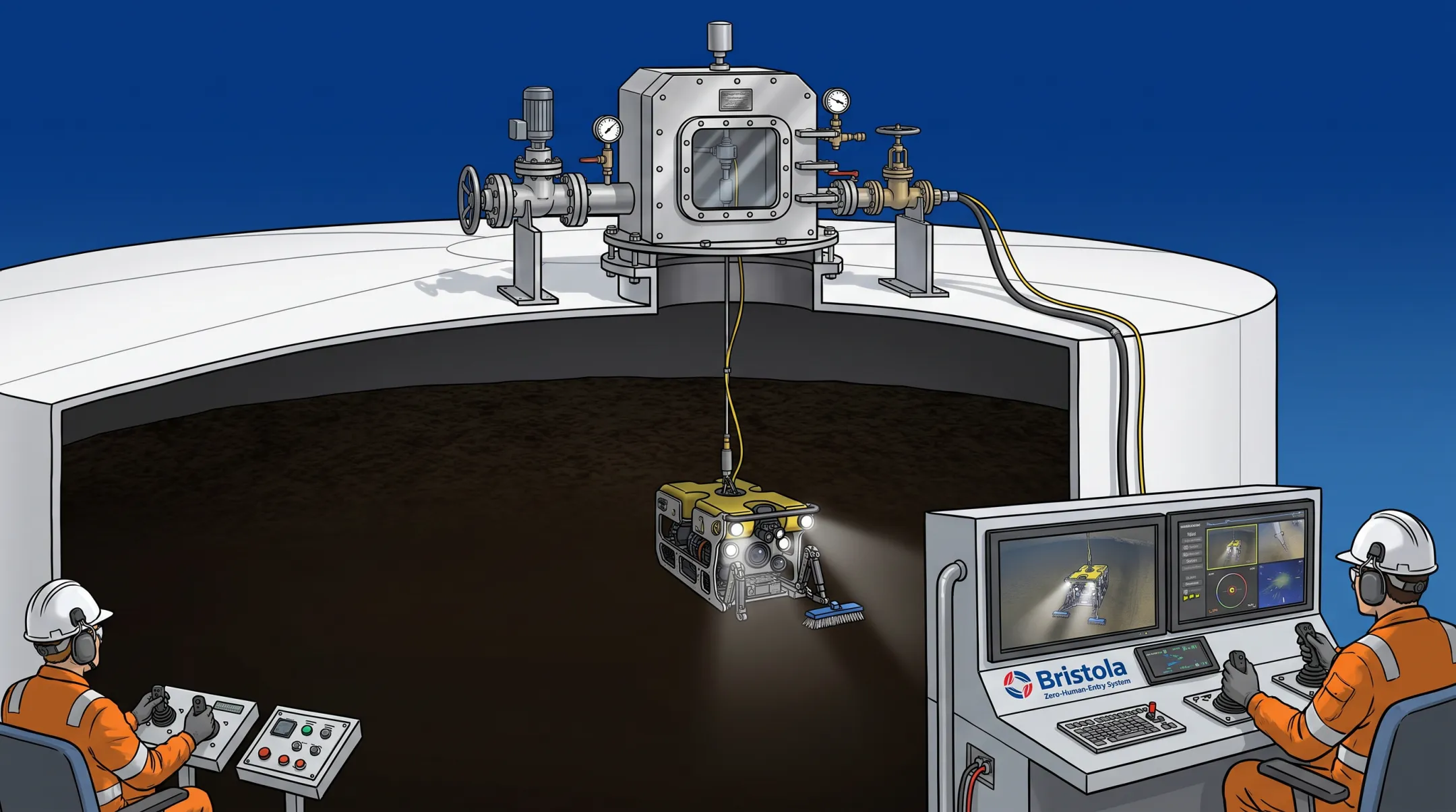 Robotic ROV cleaning system entering digester tank through equalization chamber