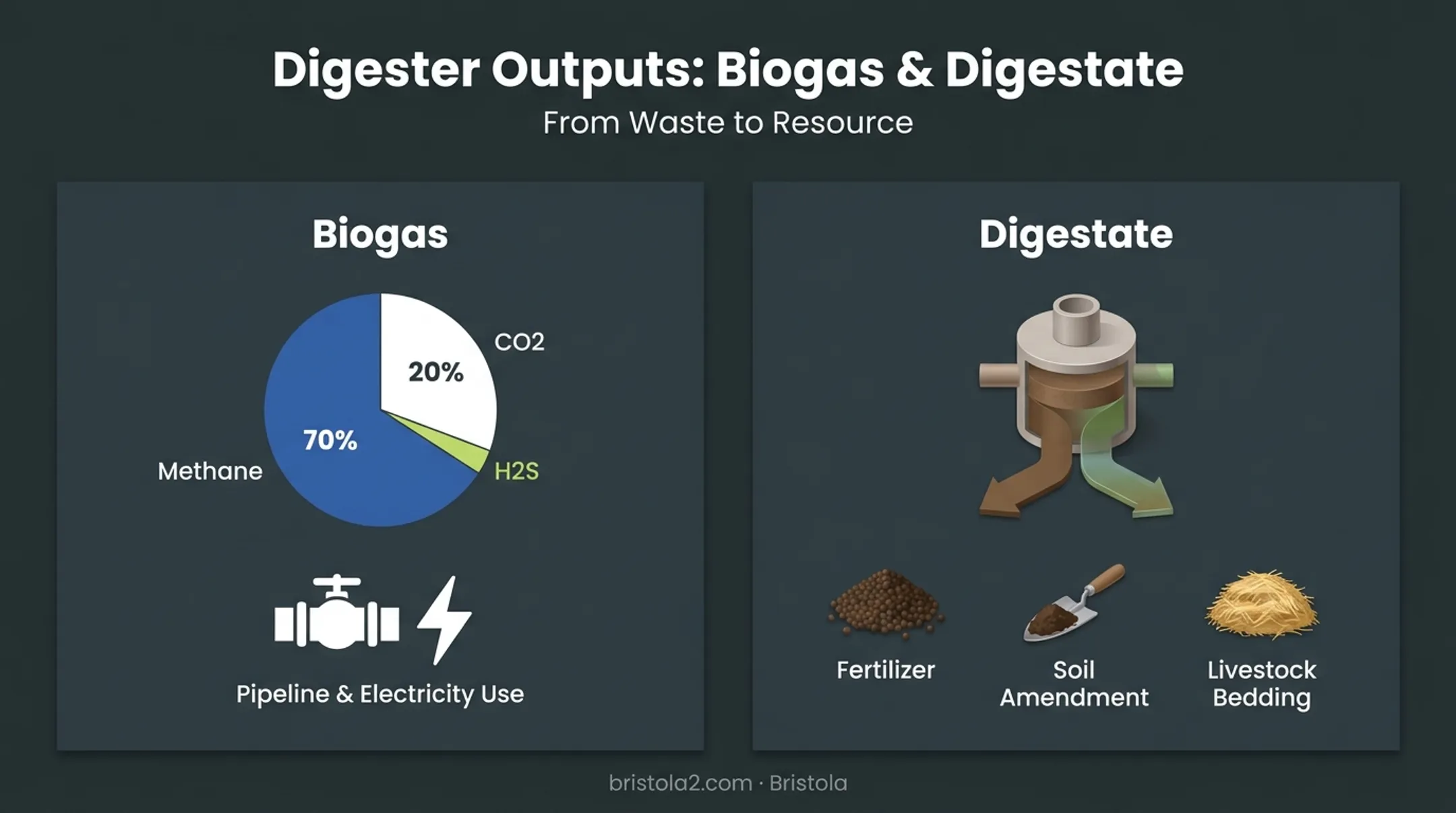 Biogas and digestate output composition breakdown from anaerobic digestion
