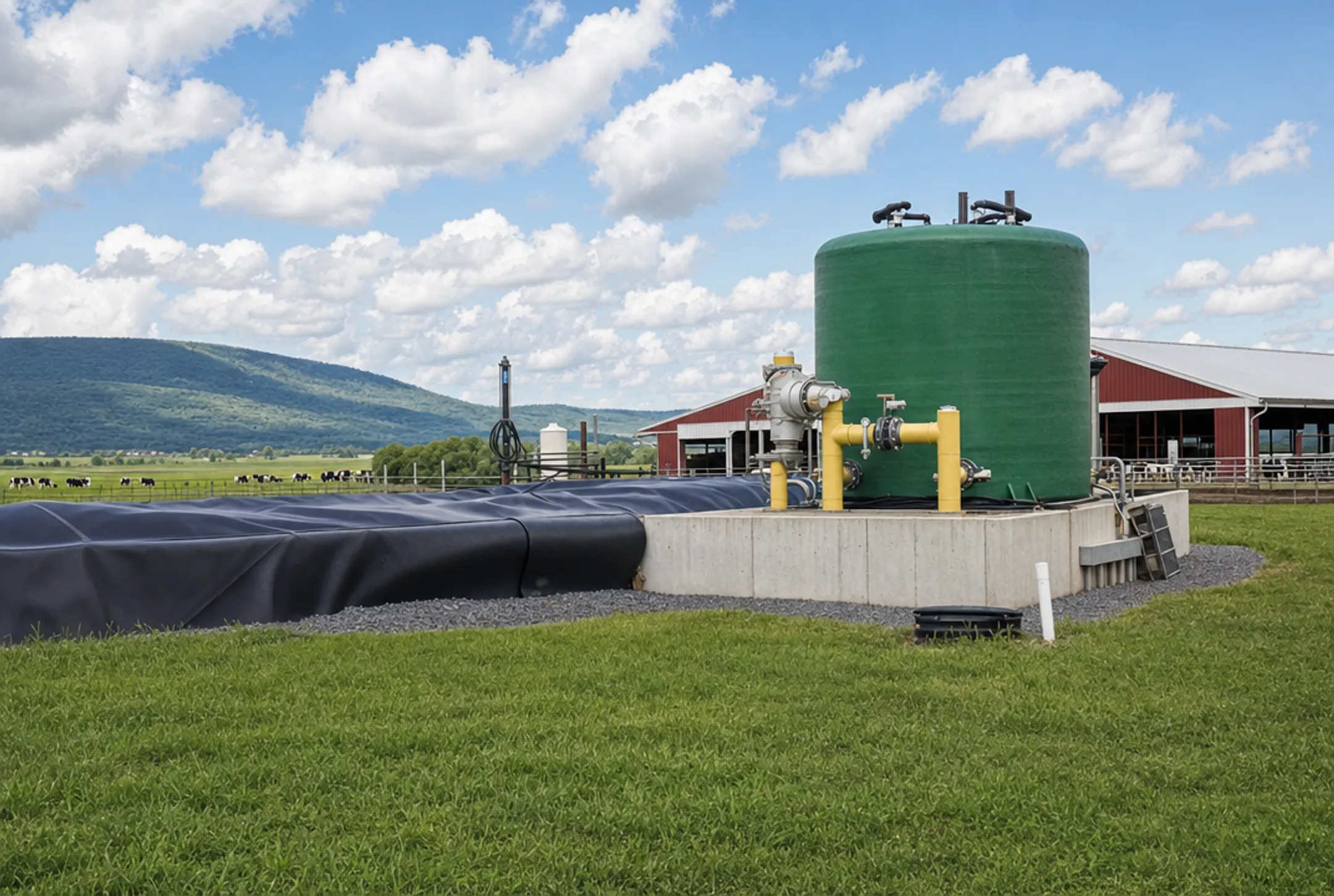Dairy farm anaerobic digester tank with biogas collection infrastructure