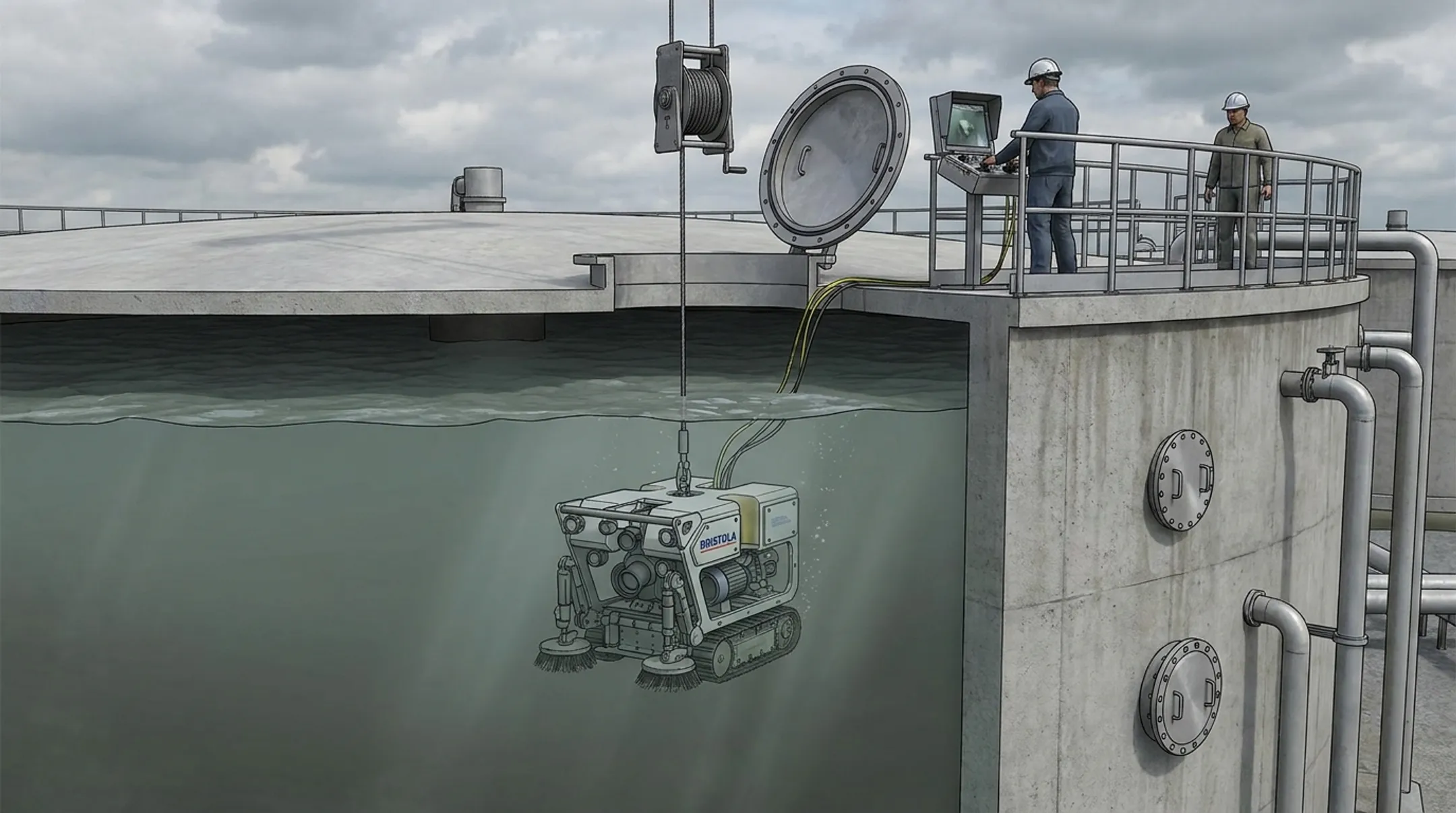 Bristola remote-controlled submersible robot cleaning wastewater digester tank