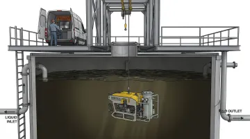 Bristola robotic submersible cleaning system deploying through tank manhole entry port