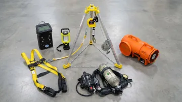 Confined space safety equipment set including four-gas detector harness tripod and SCBA