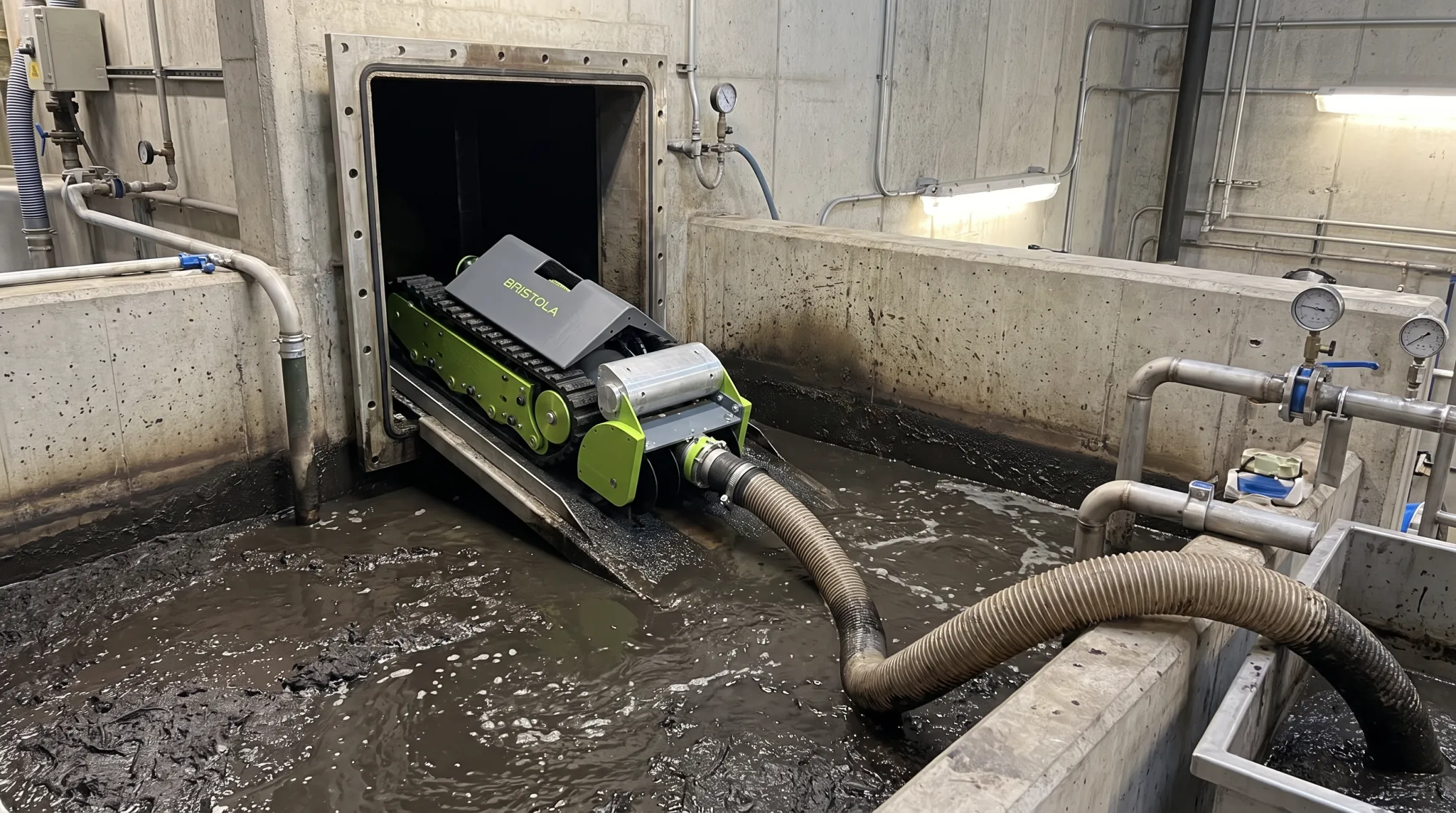 Robotic submersible cleaning system removing sediment inside digester tank