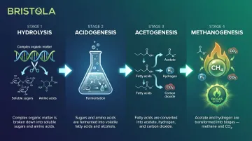 4-stage anaerobic digestion biological process flow from hydrolysis to methanogenesis