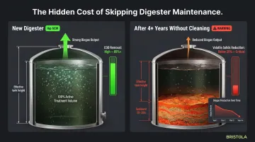 Digester sediment accumulation impact on active volume biogas yield and COD removal over time