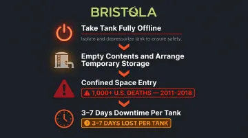 Conventional industrial tank cleaning process steps downtime and confined space risks