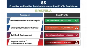 Proactive versus reactive industrial tank maintenance cost comparison infographic