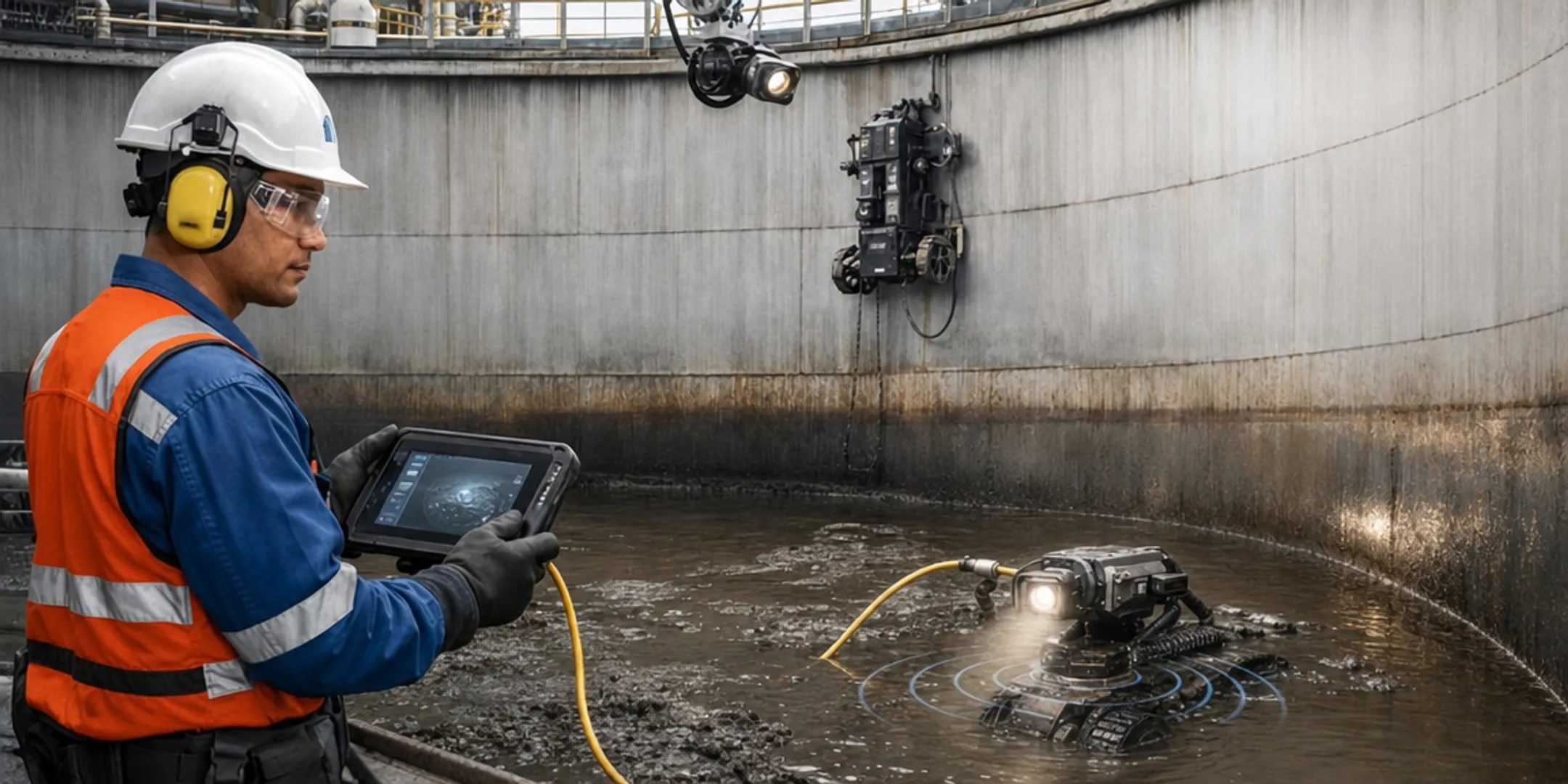 Submersible robotic crawler cleaning inside industrial storage tank