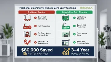 Digester robotic cleaning versus traditional drain-and-clean cost savings comparison infographic