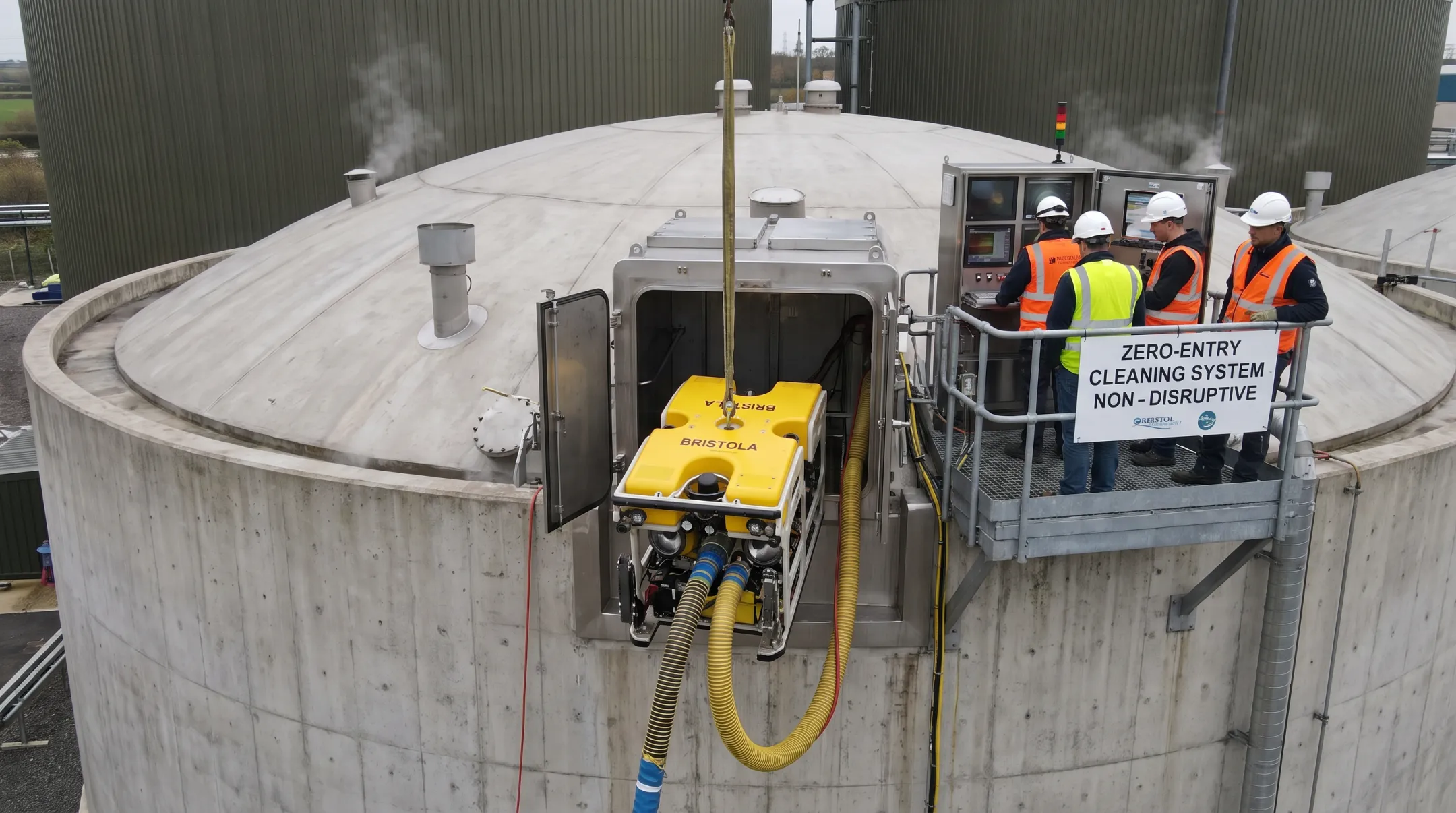 Robotic ROV cleaning system entering sealed digester tank without draining