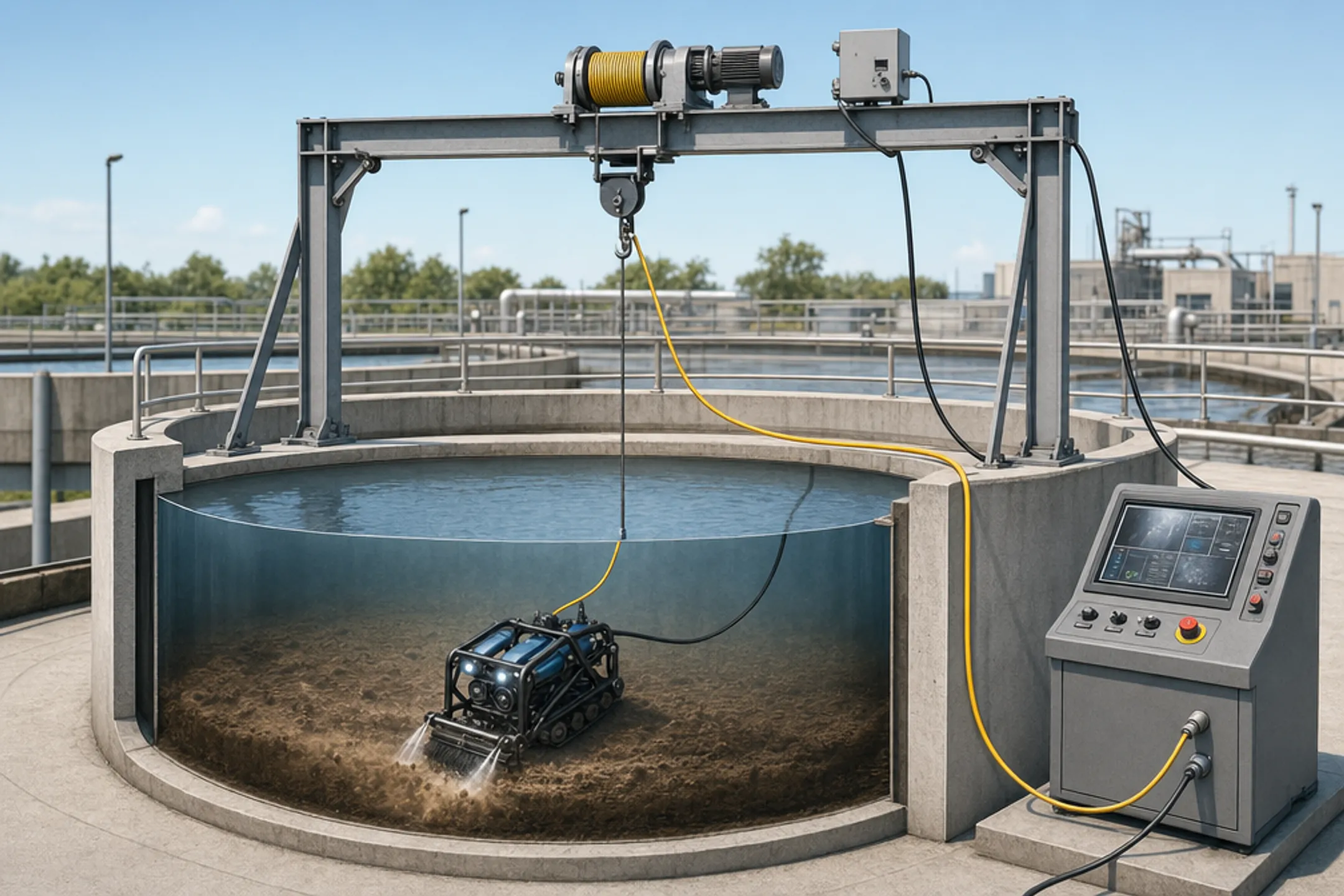 Submersible robotic cleaning equipment used in wastewater tank maintenance