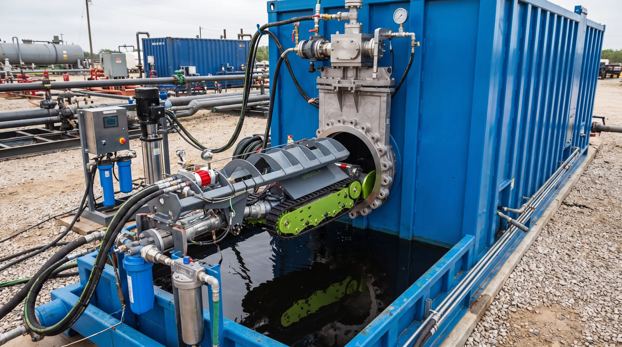 Submersible ROV performing no-entry frac tank cleaning through airlock system