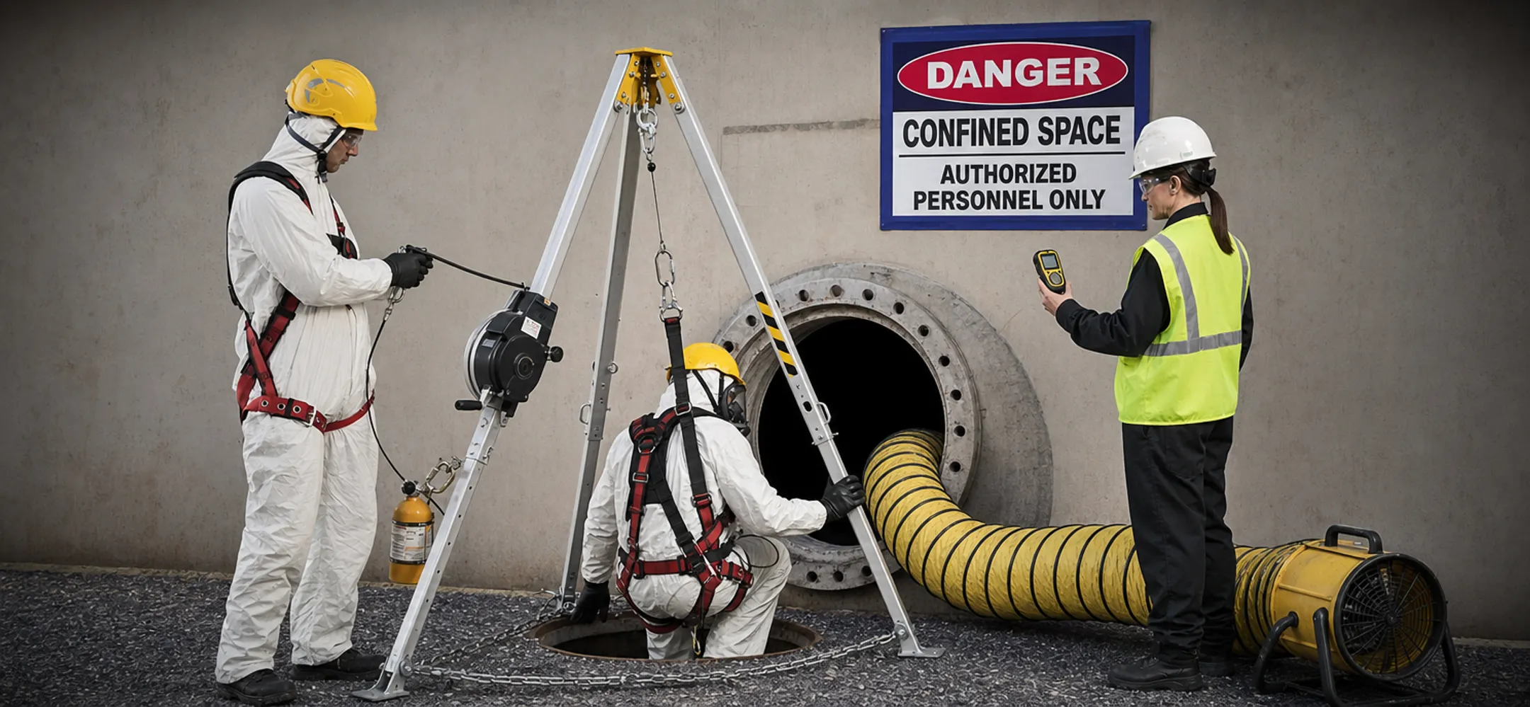 Confined space entry safety equipment for industrial tank cleaning operations