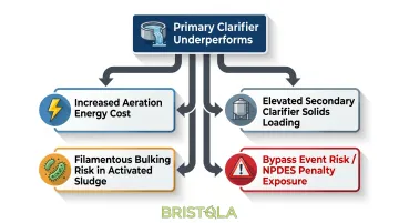 Downstream cascade effects of primary clarifier underperformance on secondary treatment systems