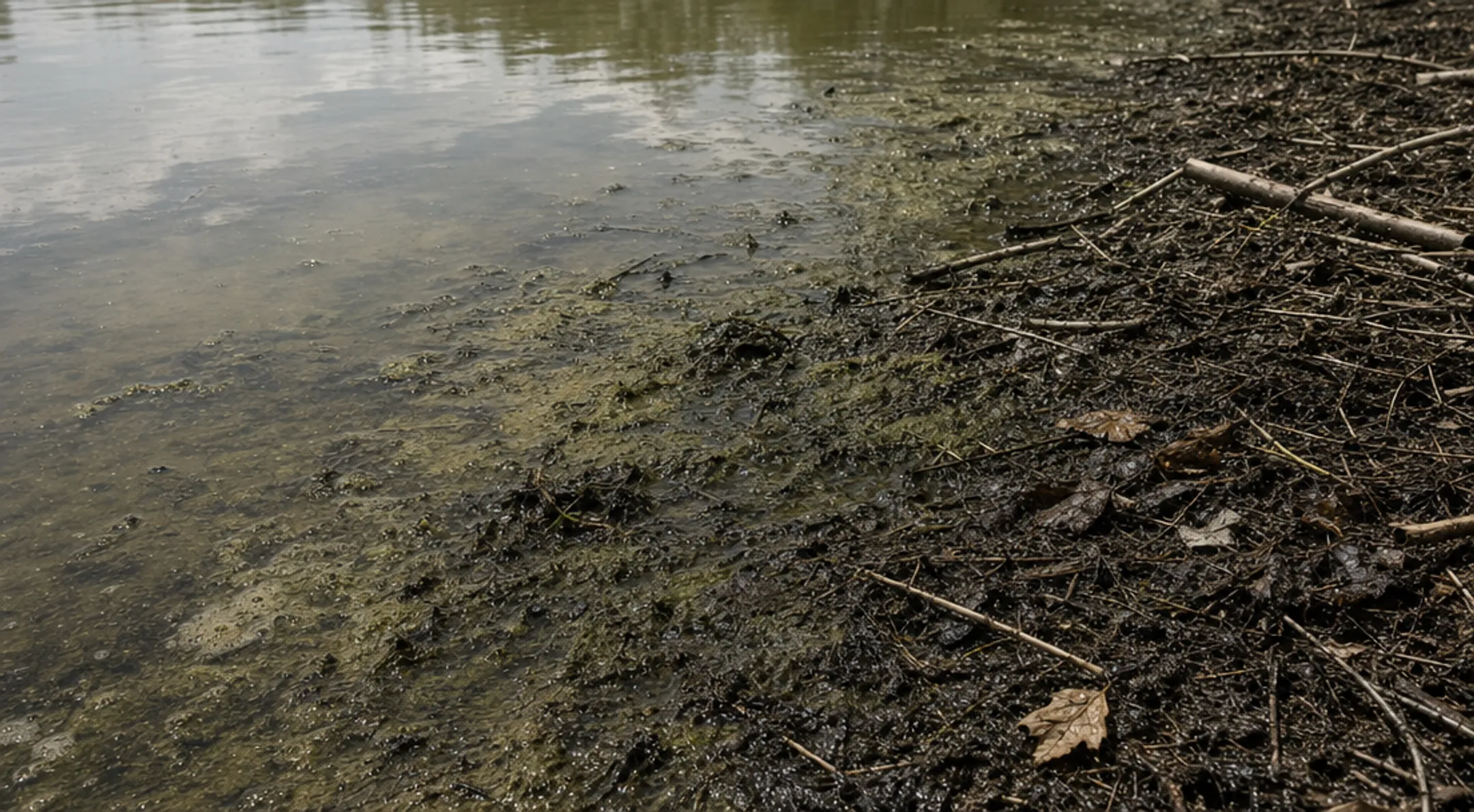 Murky sediment-filled pond with algae growth and shallow shoreline