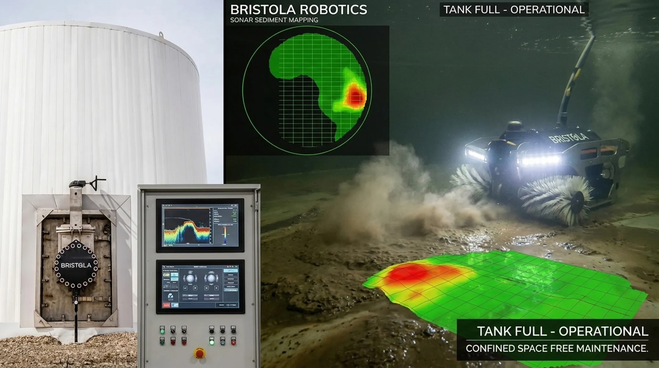 Robotic sludge removal system cleaning underground storage tank interior