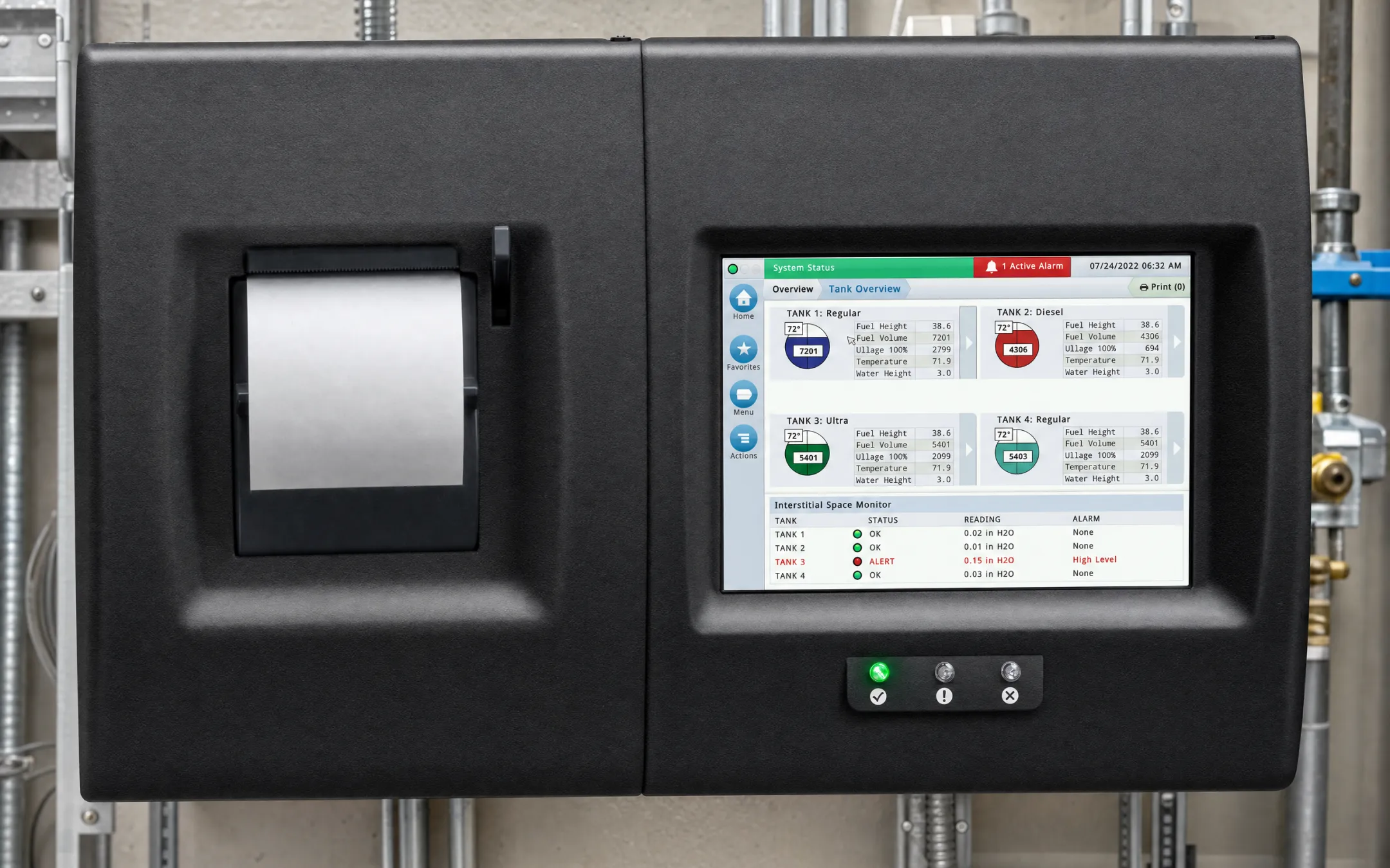 Automatic tank gauging console monitoring fuel levels and interstitial sensors