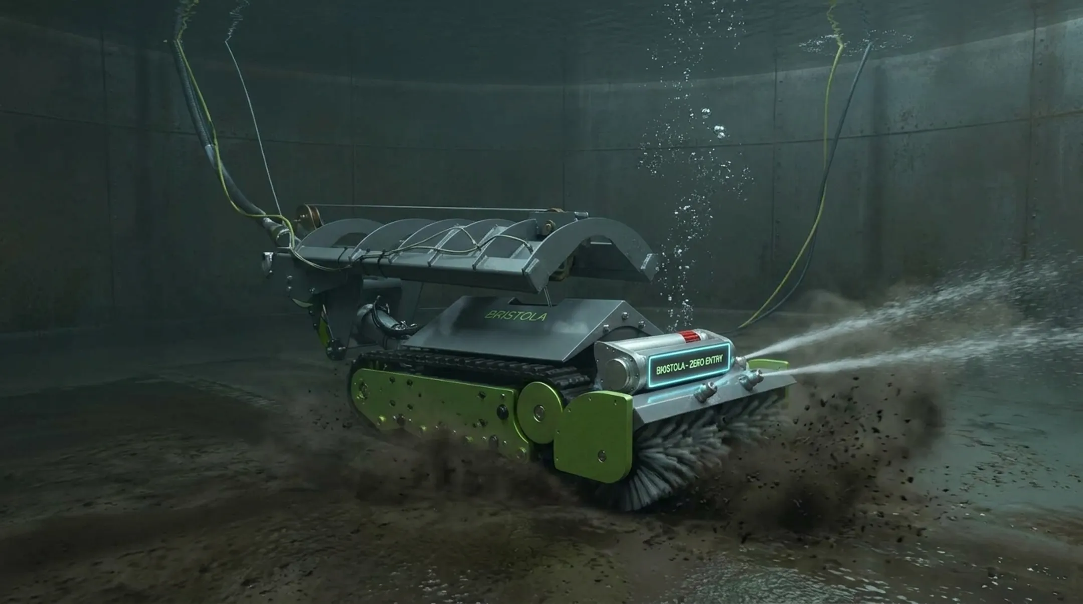 Bristola robotic system cleaning tank without draining or downtime