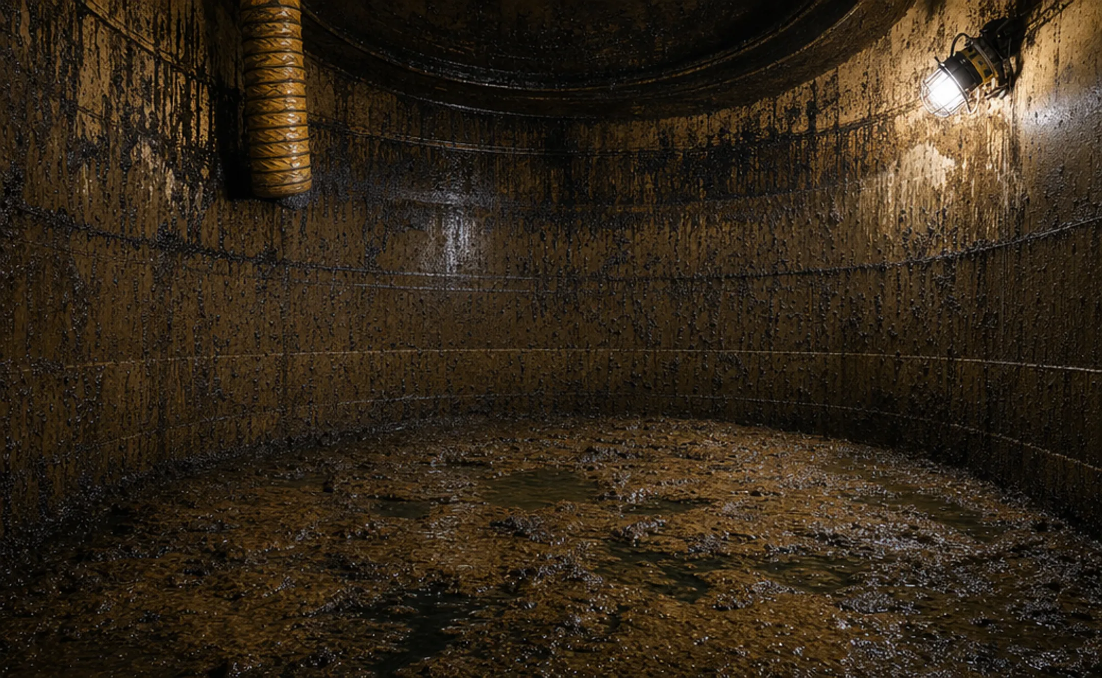 Sediment and biofilm buildup inside industrial water storage tank