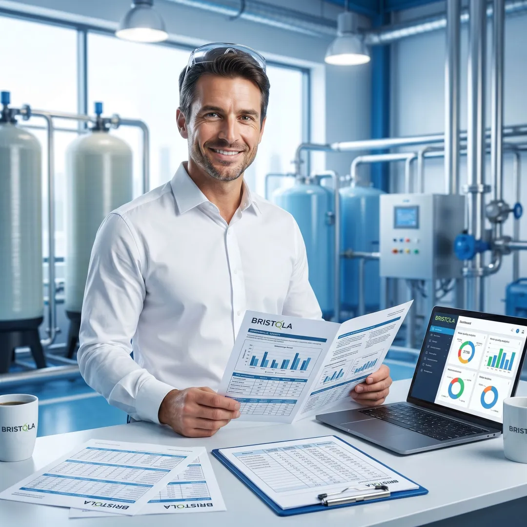 Water treatment consultant analyzing facility performance report