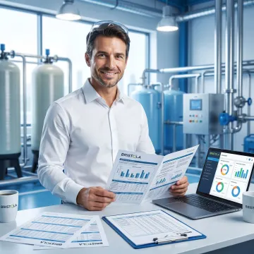Water treatment consultant analyzing facility performance report