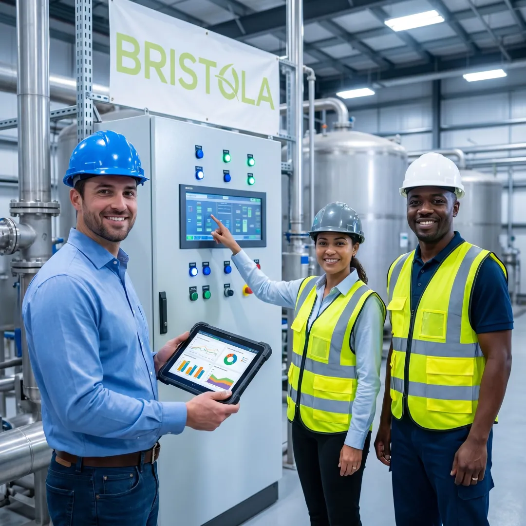 Technicians reviewing wastewater biogas system performance
