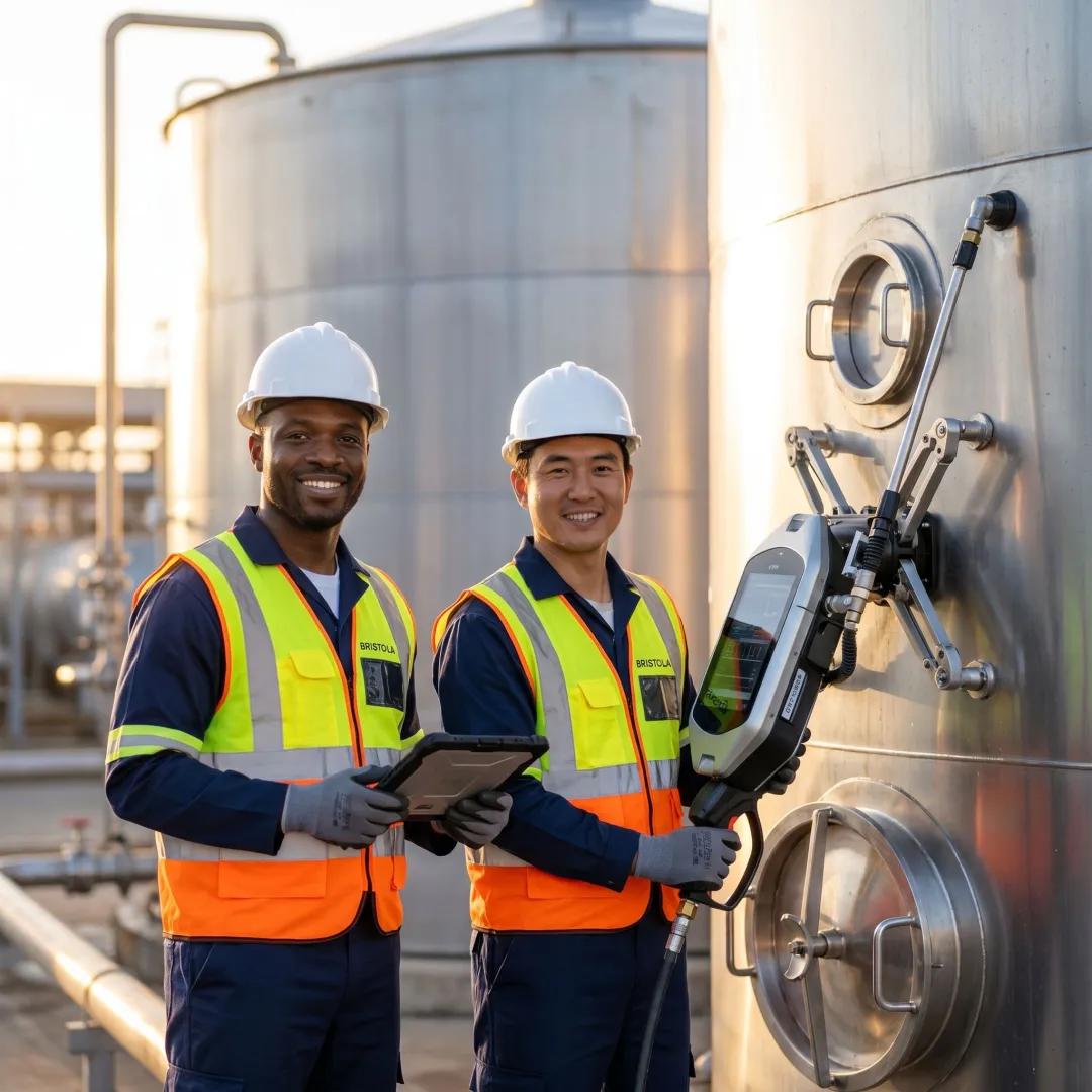Technicians monitoring robotic tank cleaning equipment
