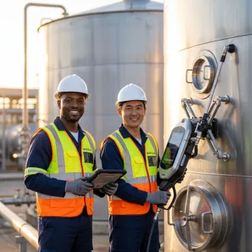 Technicians monitoring robotic tank cleaning equipment