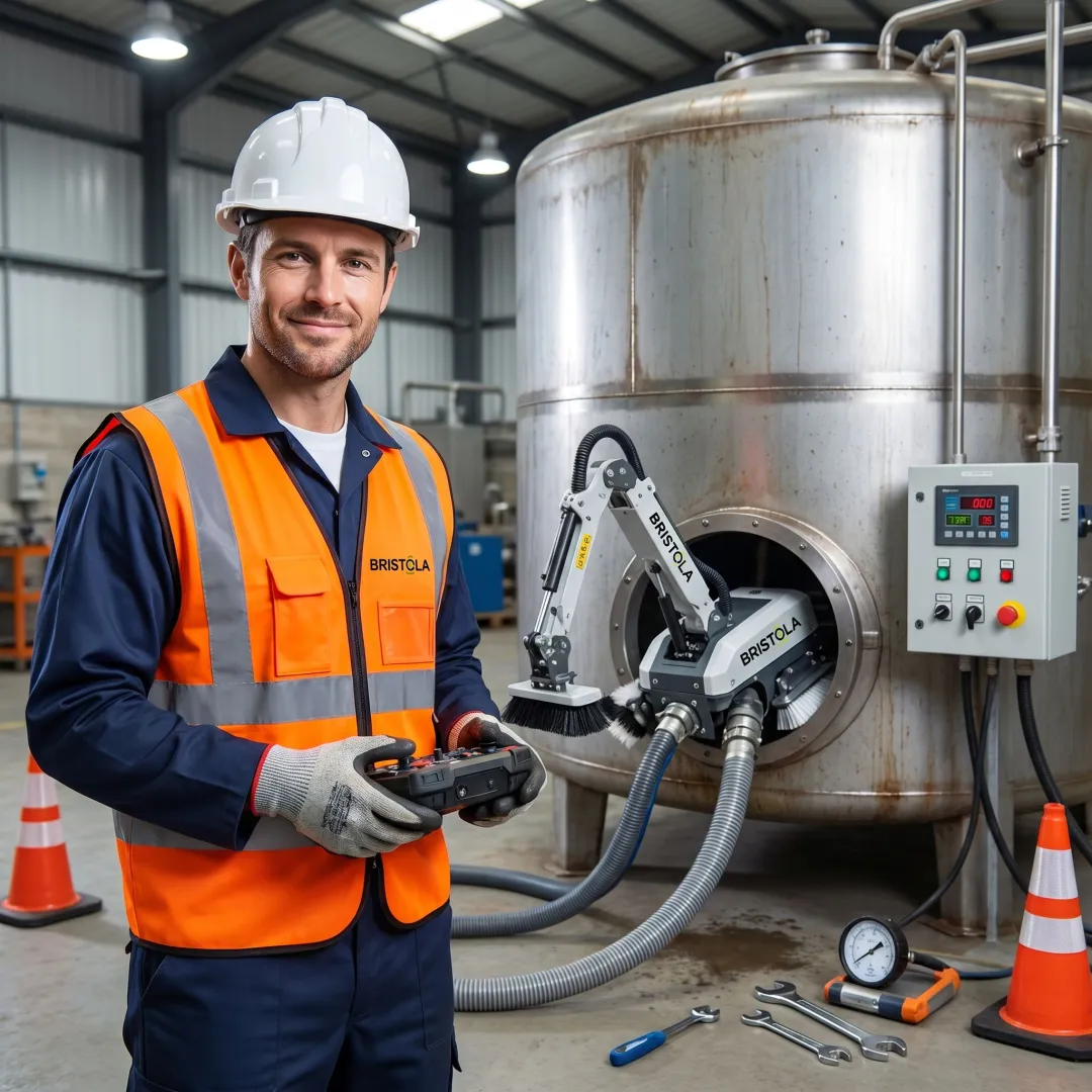 Technician monitoring robotic tank maintenance system