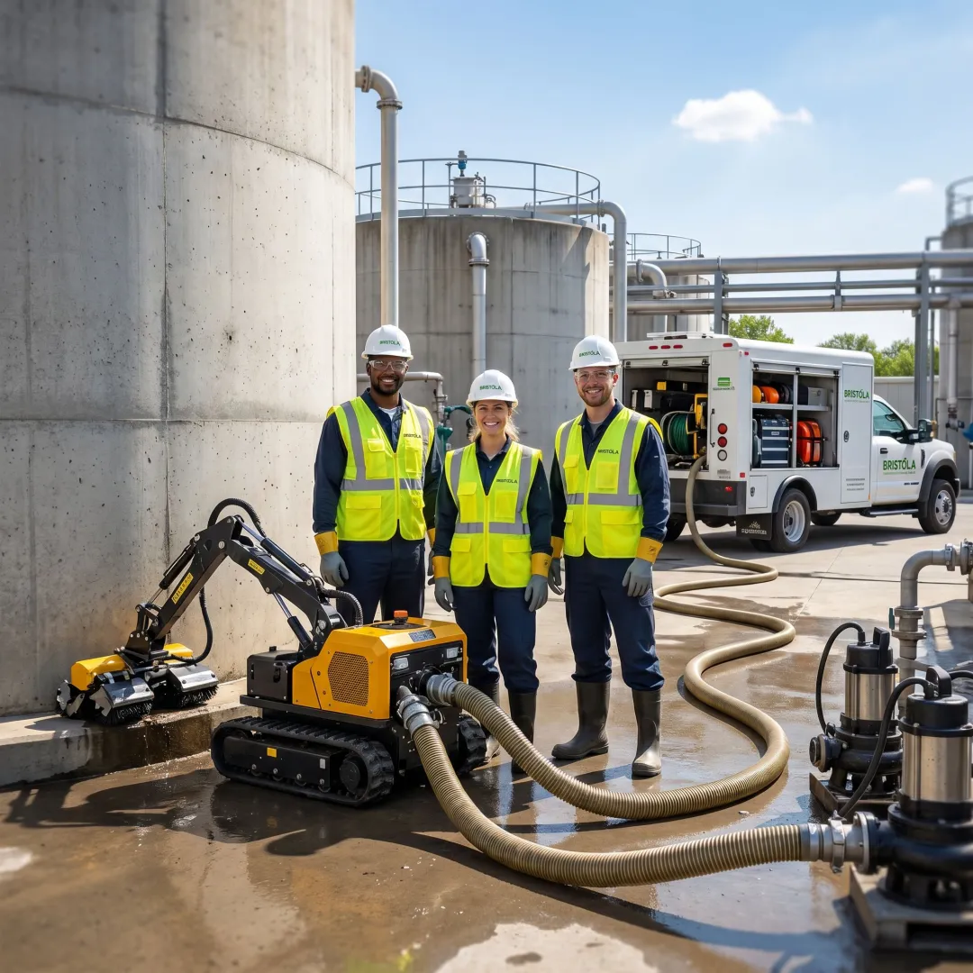 Wastewater maintenance crew supporting robotic tank cleaning