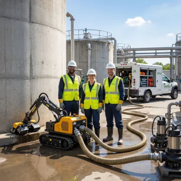 Wastewater maintenance crew supporting robotic tank cleaning