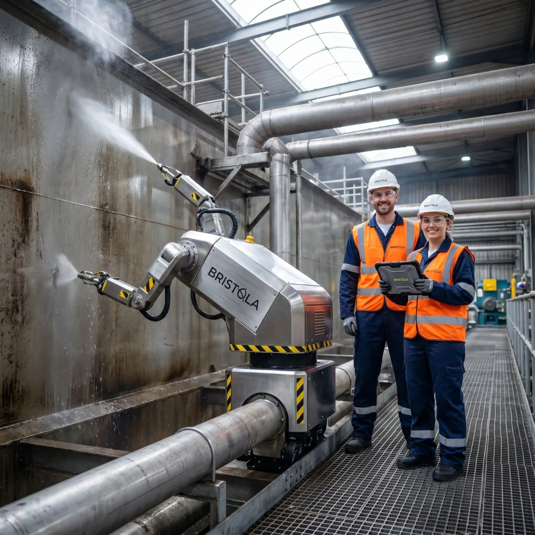 Robotic wastewater tank service in an industrial facility