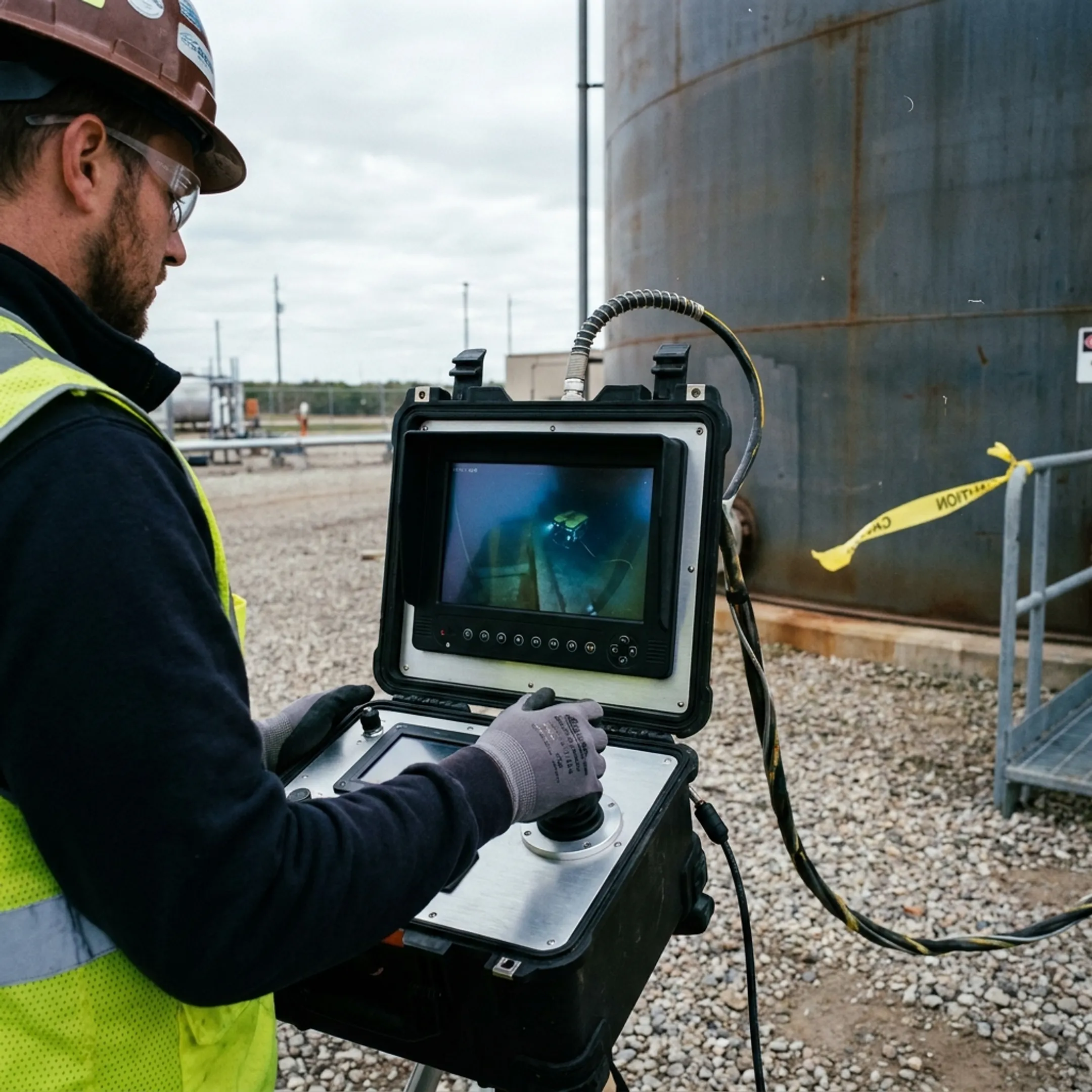 Technician operating robotic tank cleaning controls