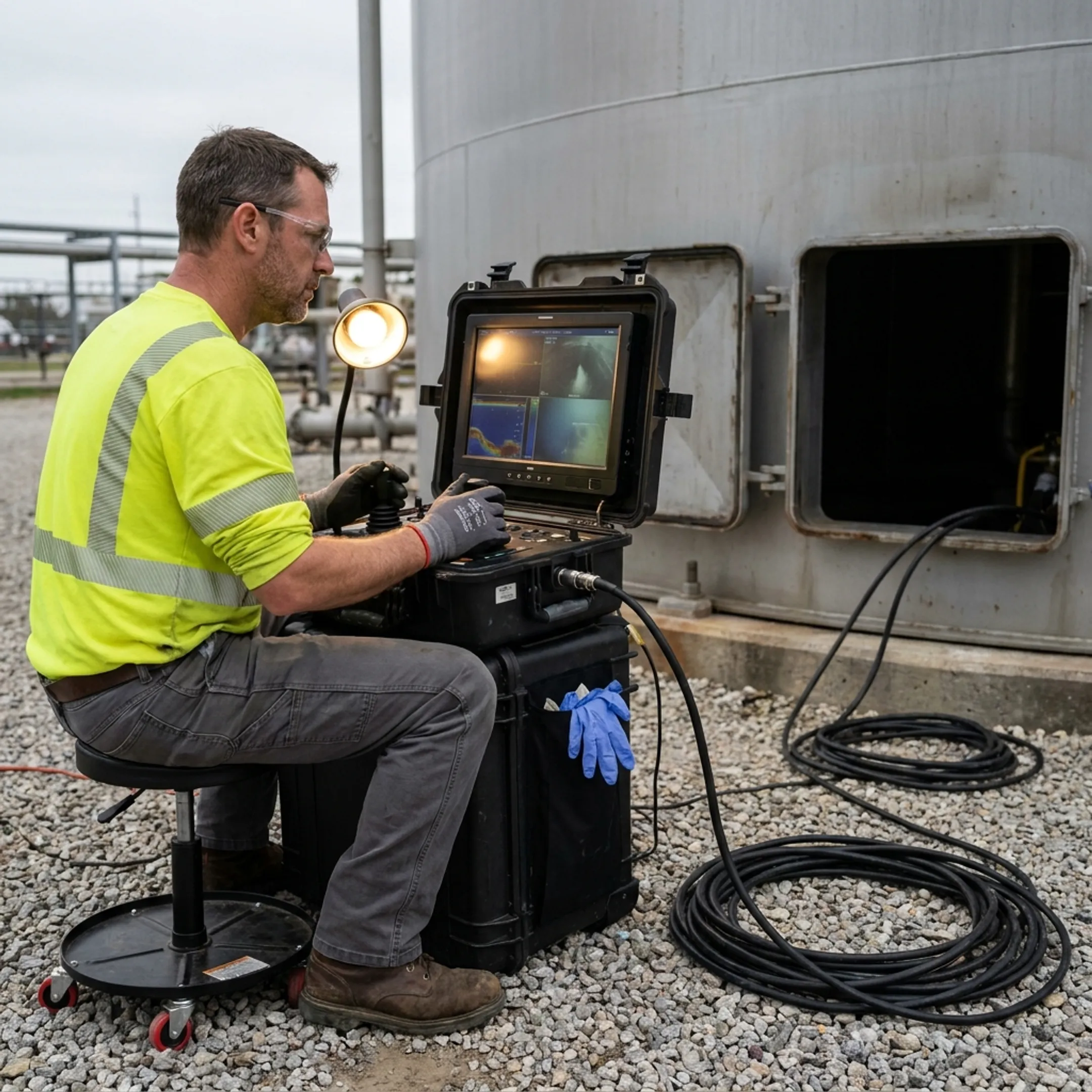 Operator monitoring robotic tank cleaning equipment