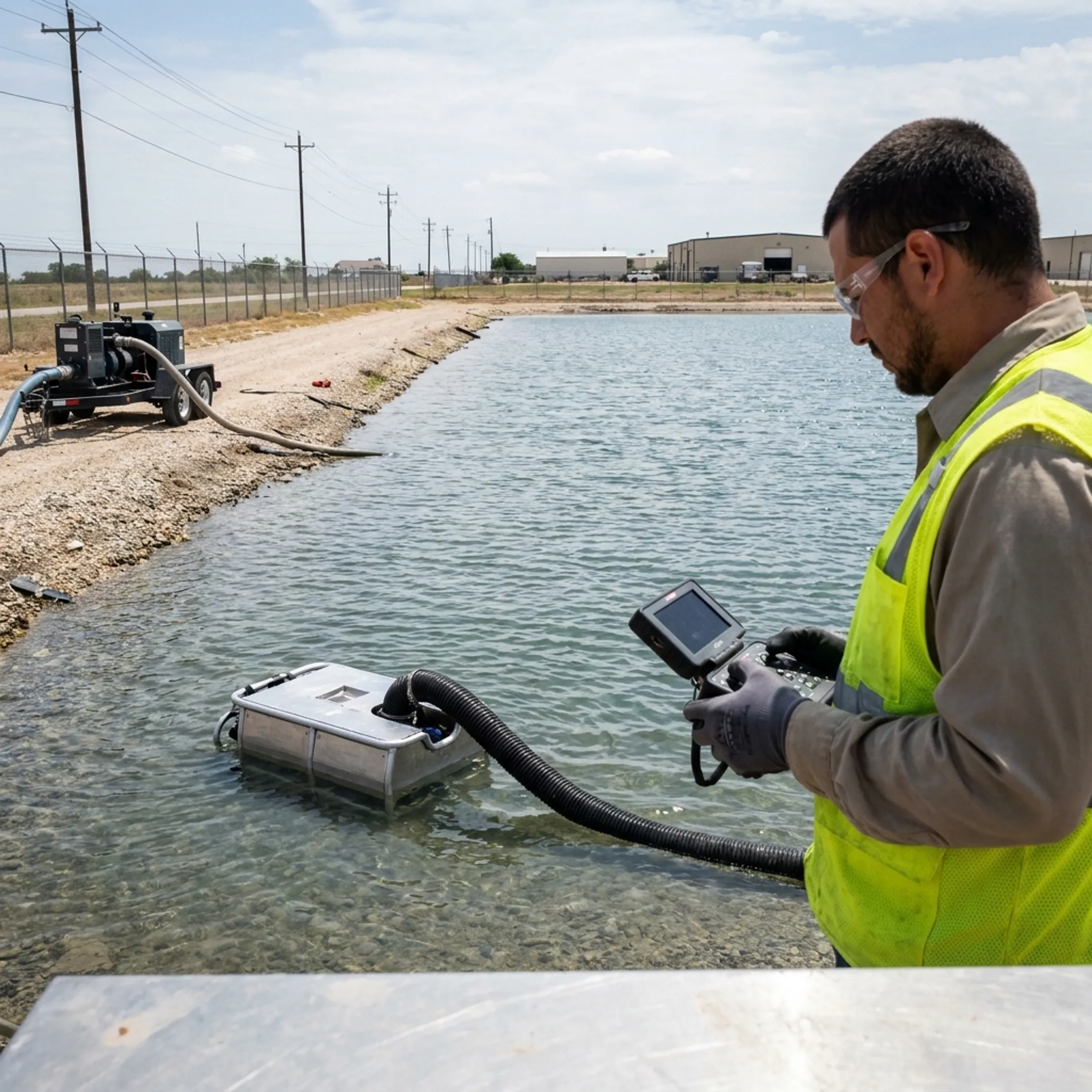 Technician monitoring industrial pond cleaning equipment