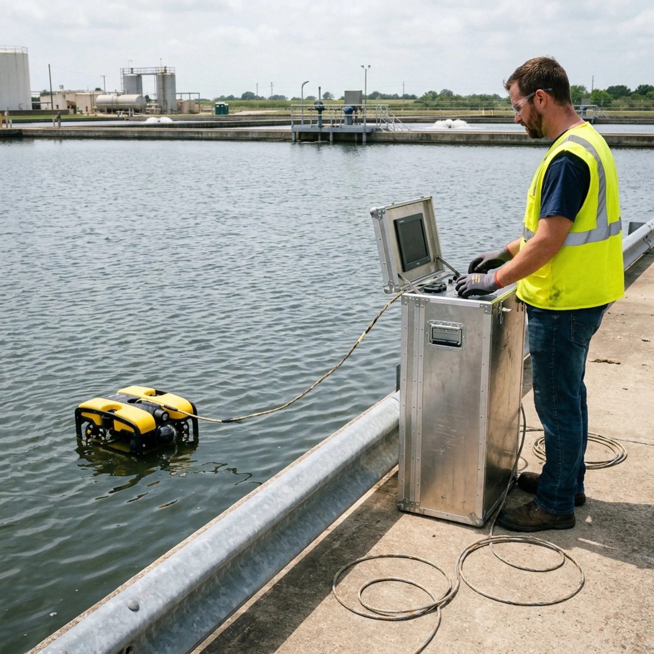 Technician monitoring robotic industrial pond cleaning equipment