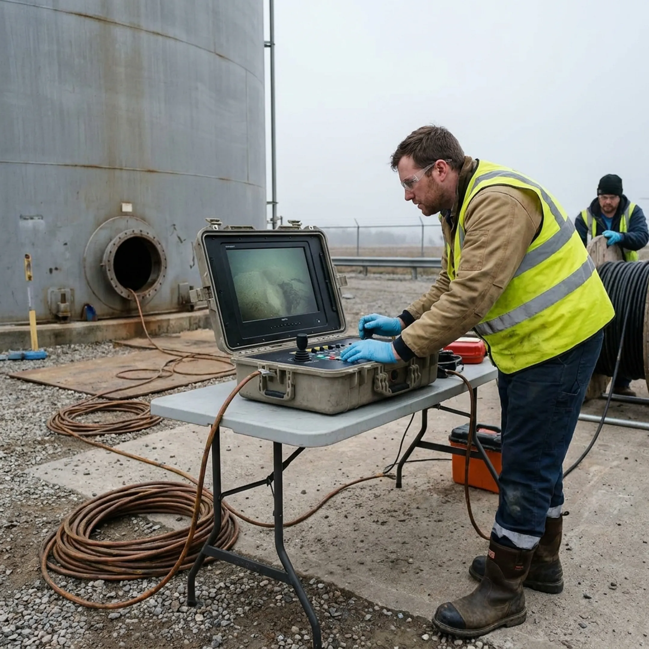 Technician operating a robotic tank cleaning system