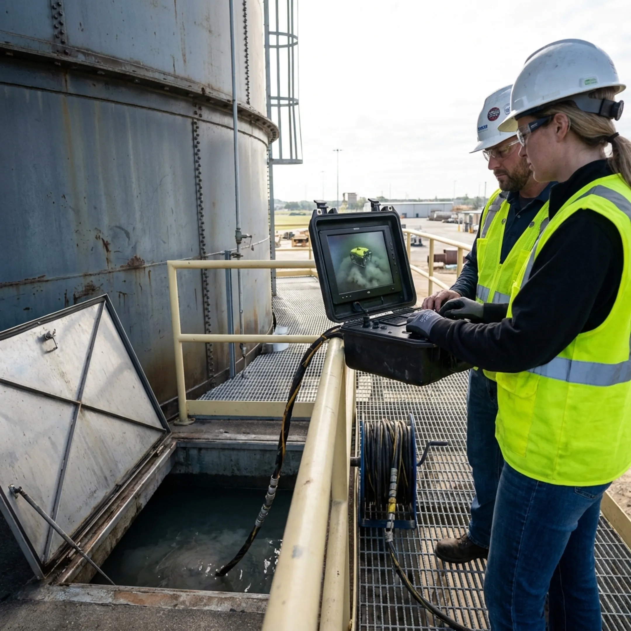 Technician monitoring robotic water tower cleaning