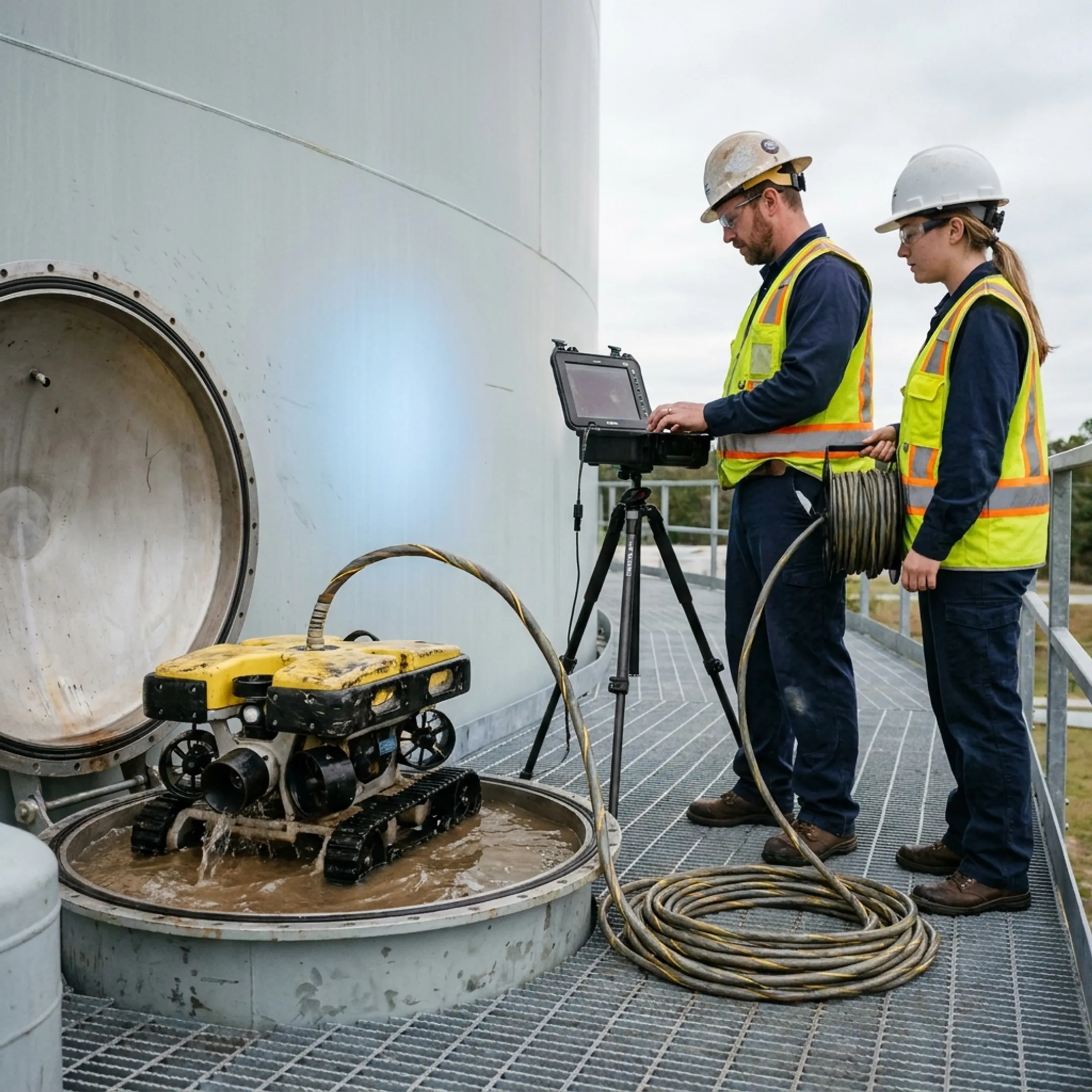 Robotic system cleaning a municipal water tank
