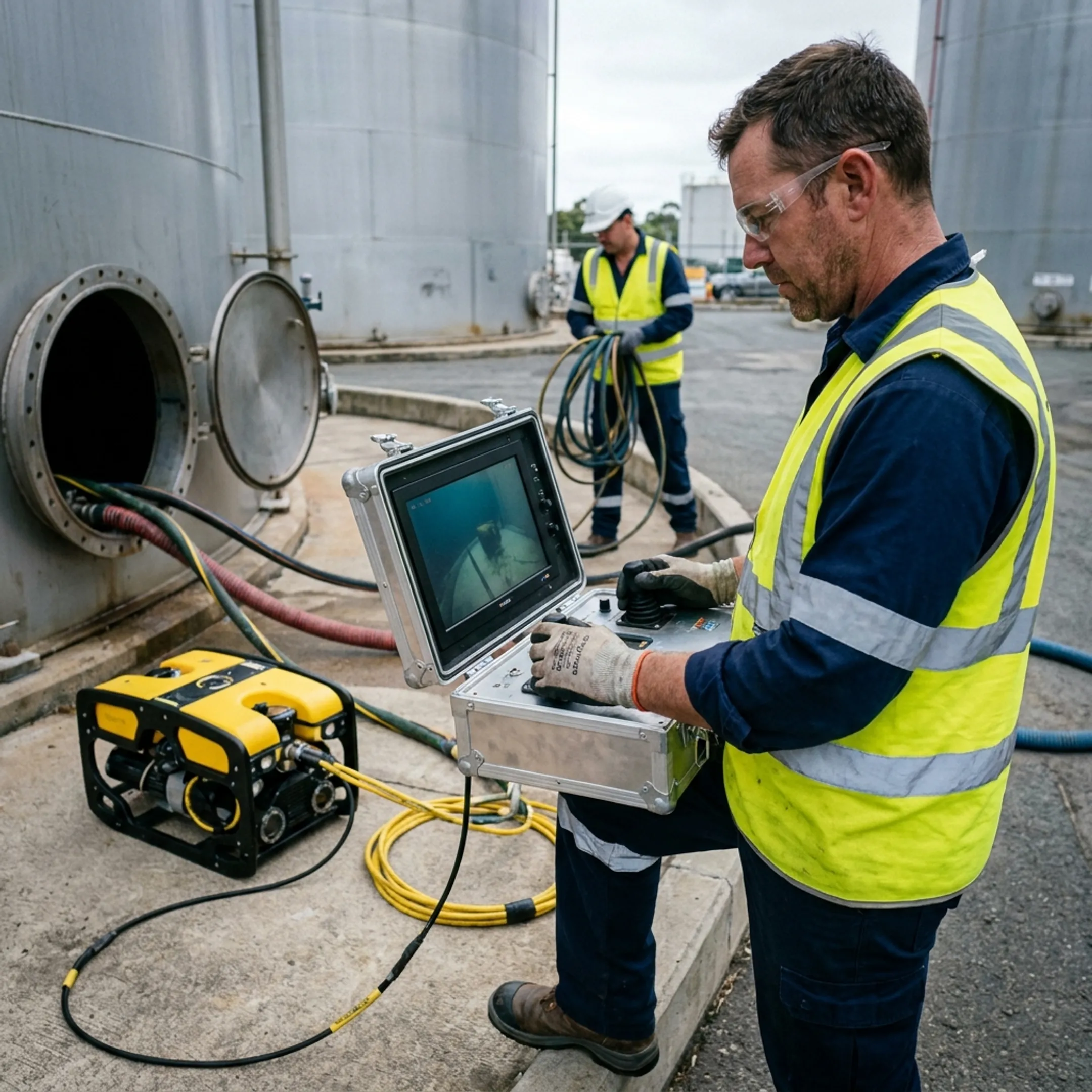 Technician operating robotic tank cleaning controls