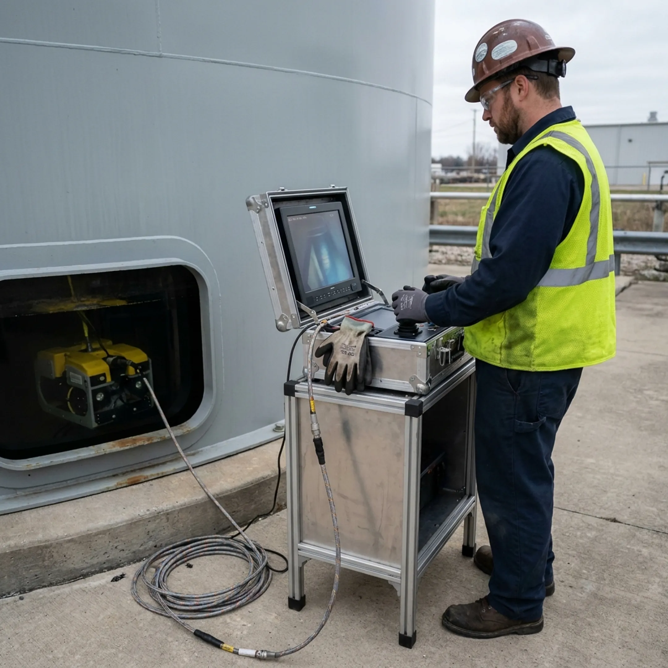 Technician operating robotic tank cleaning equipment