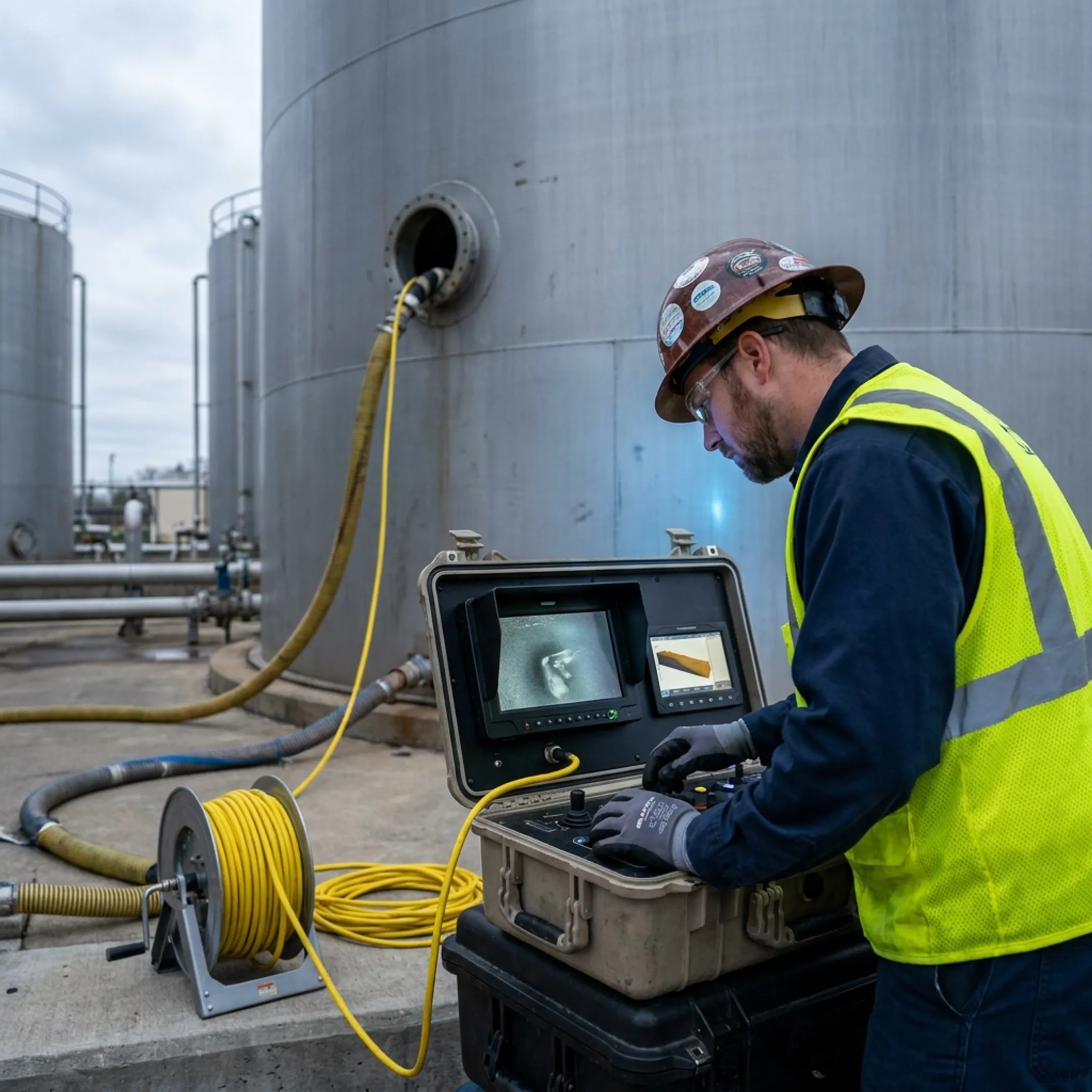 Technician monitoring robotic tank cleaning equipment