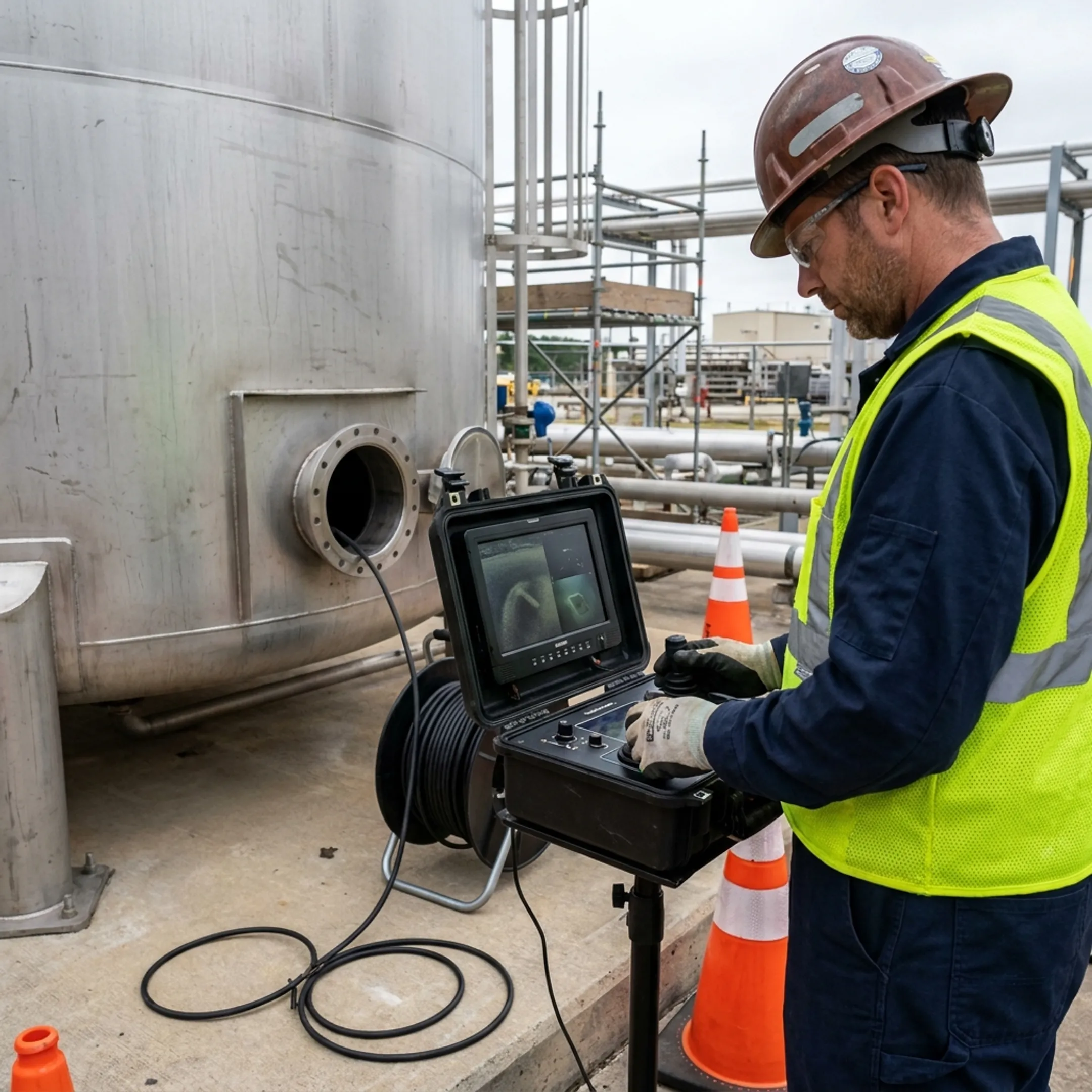 Technician monitoring robotic tank cleaning equipment