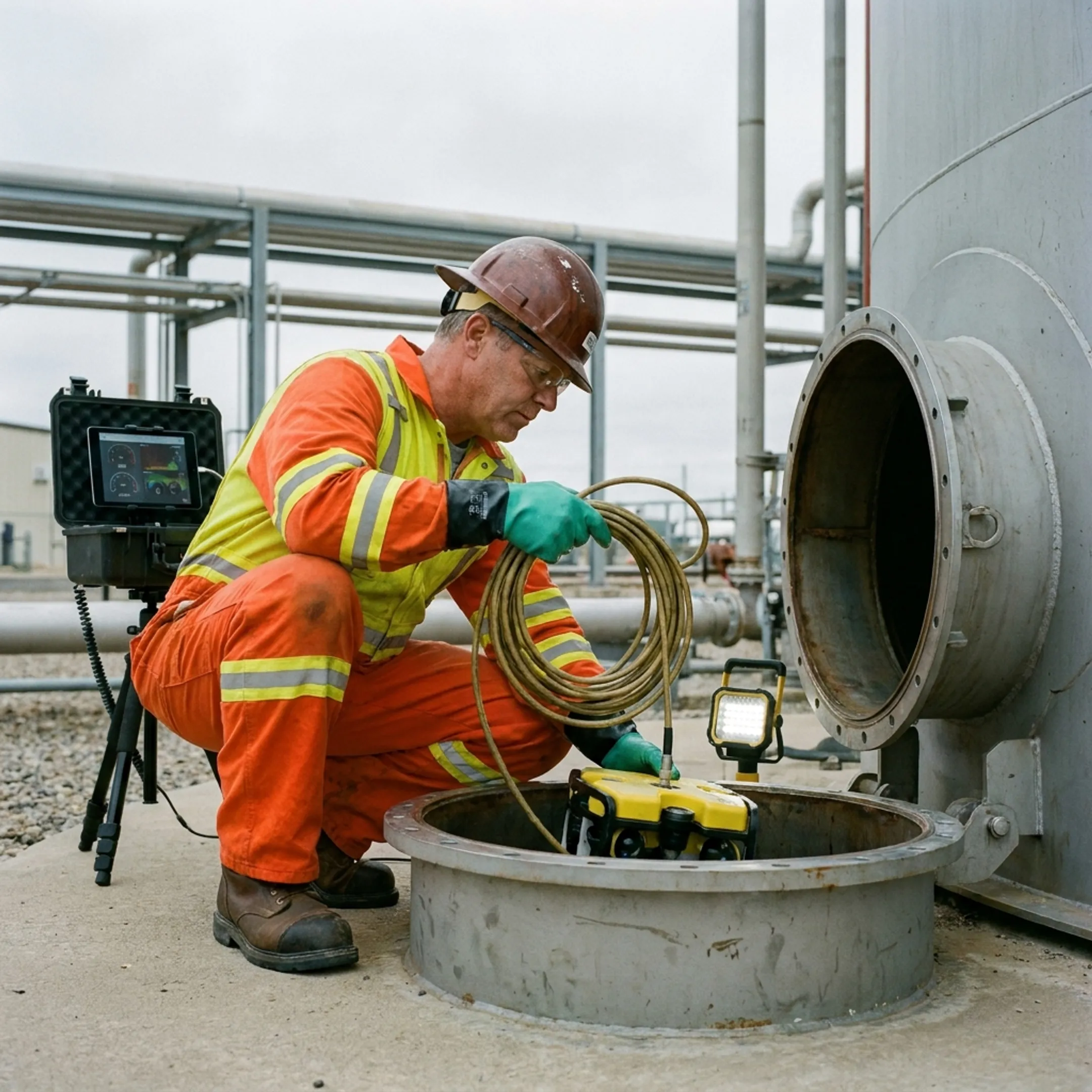 Remote operator deploying a robotic cleaner into an industrial tank