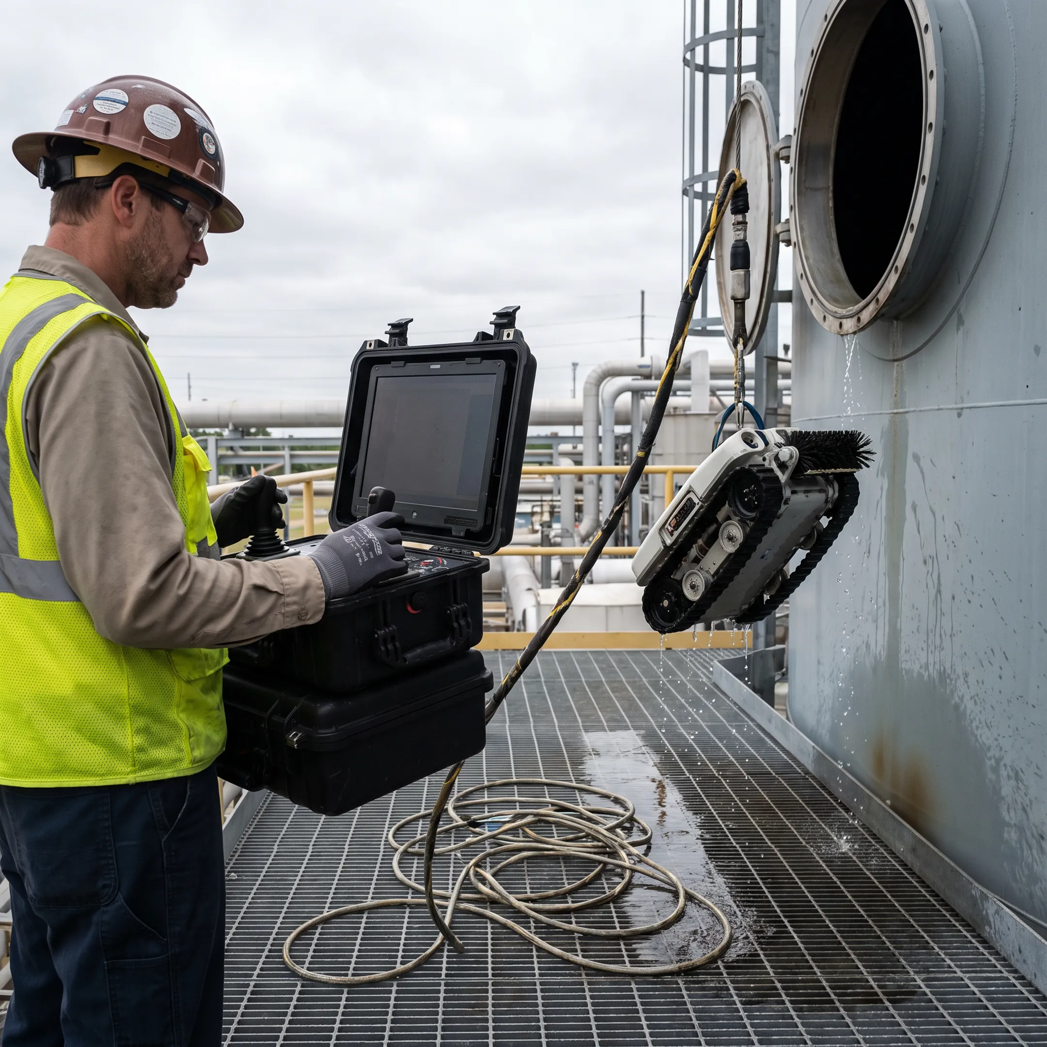 Technician monitoring robotic cleaning equipment at a power plant tank