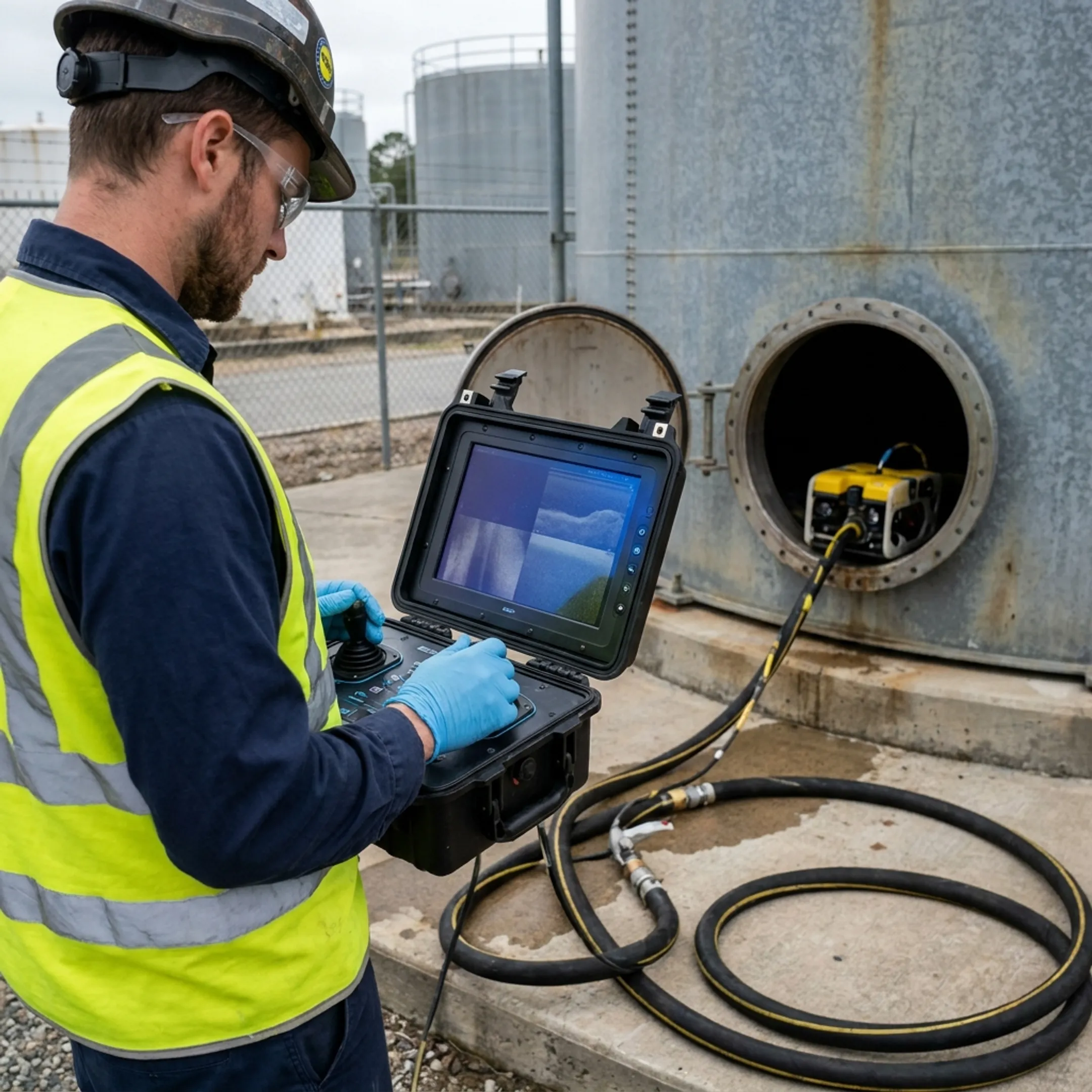 Operator controlling robotic tank cleaning equipment